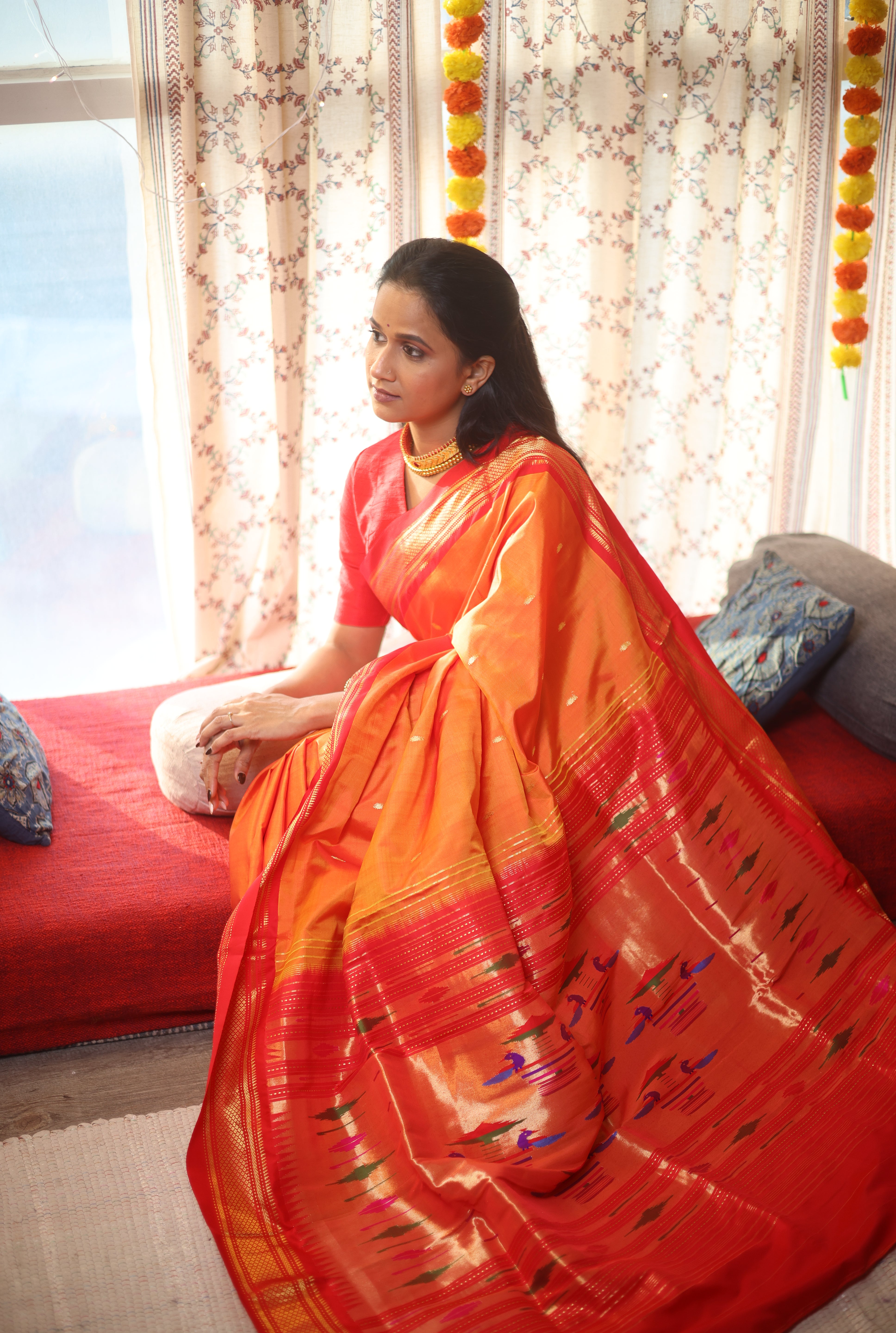 Two Tone Orange Silk Paithani Saree - SRTTOSPS60-PI