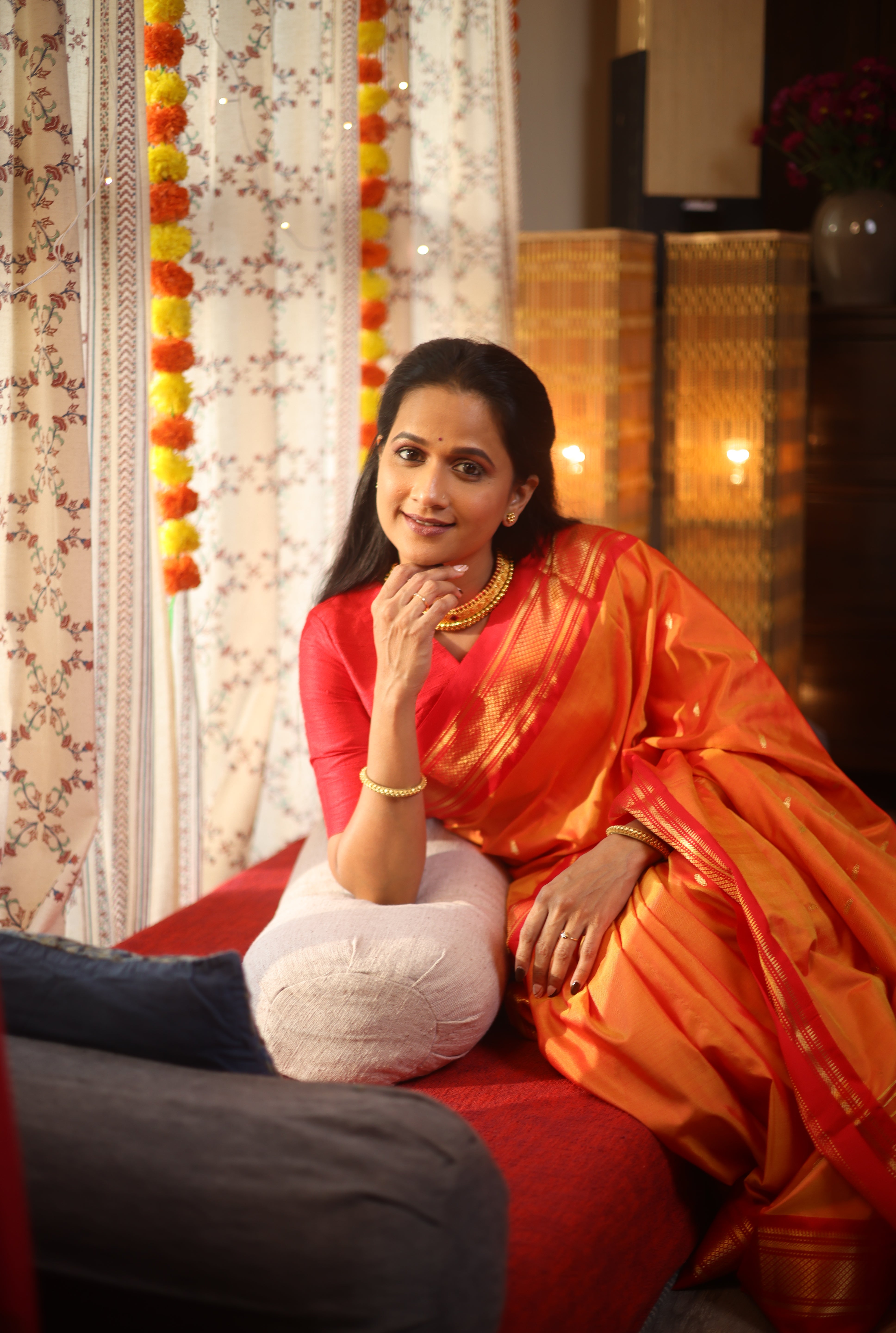 Two Tone Orange Silk Paithani Saree - SRTTOSPS60-PI