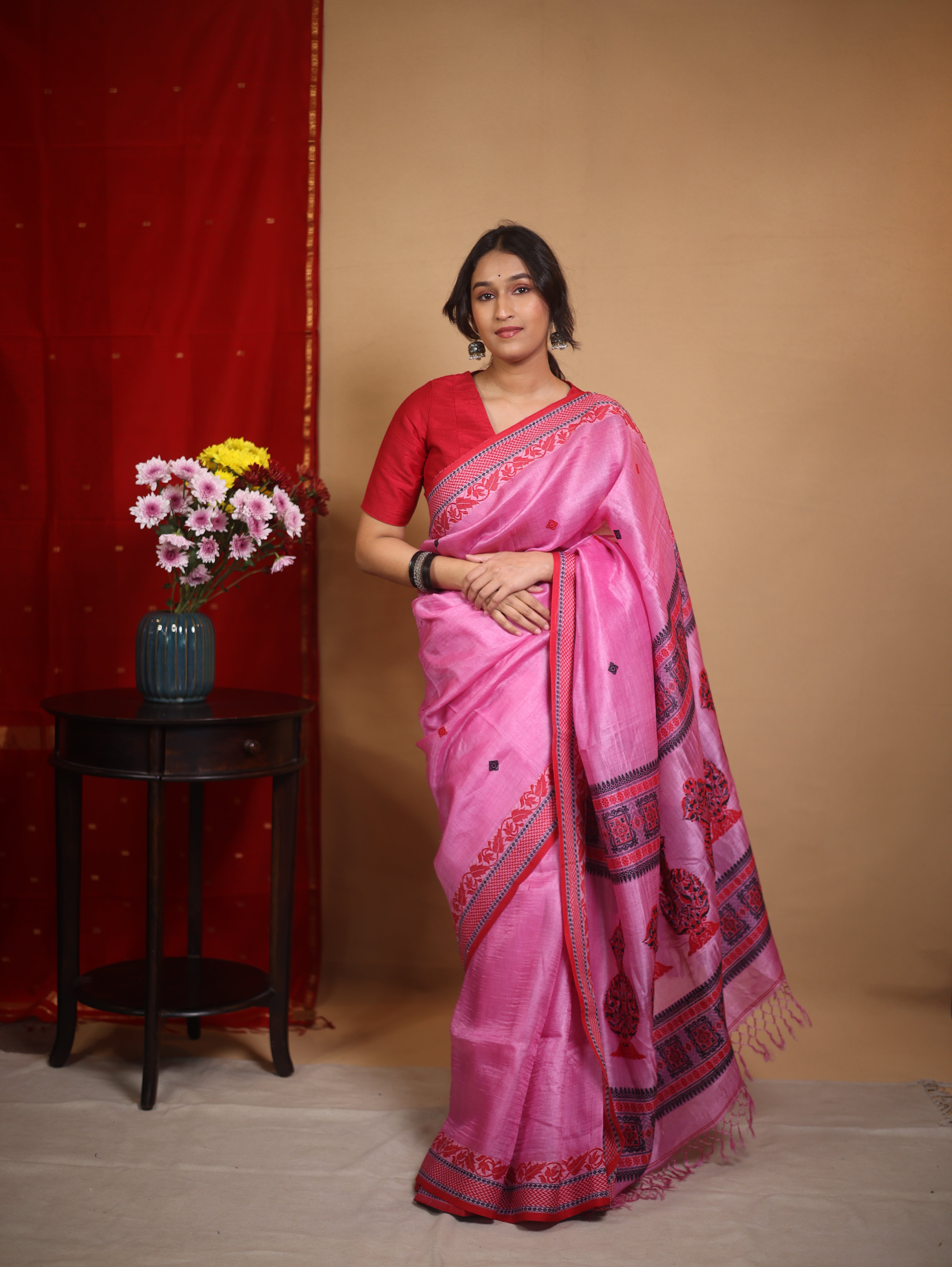 Neon Pink Jamdani Tussar Silk Saree - SRNPJTSS0029