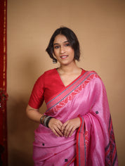 Neon Pink Jamdani Tussar Silk Saree - SRNPJTSS0029