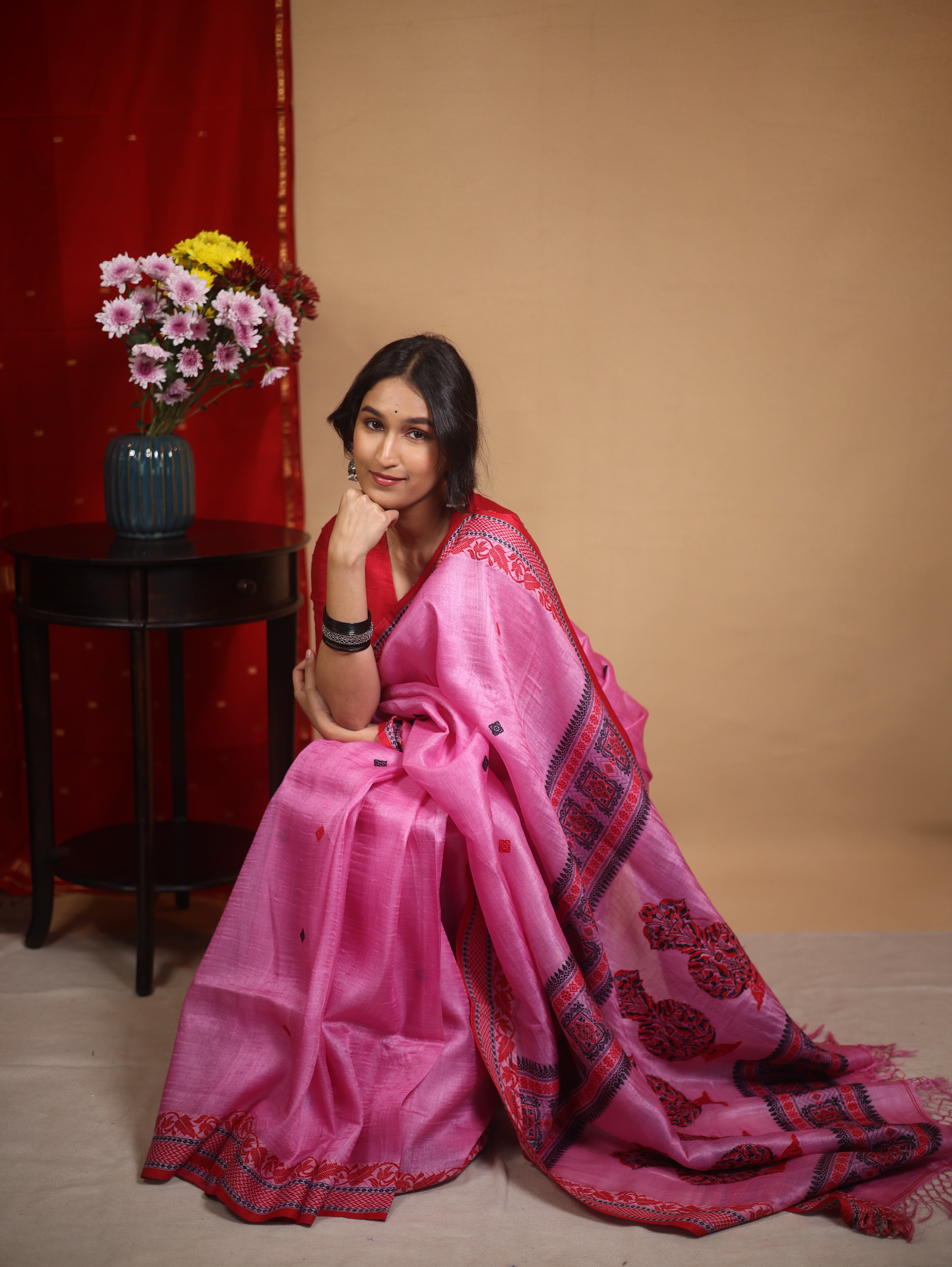 Neon Pink Jamdani Tussar Silk Saree - SRNPJTSS0029