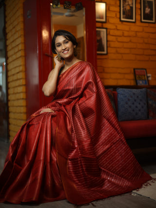 Red Tussar Silk Saree - SRRTSS95EX