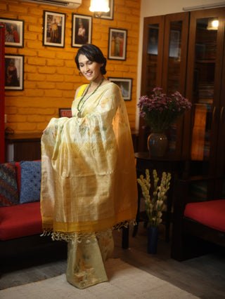 Yellow Hand-Painted Tussar Silk Saree - SRYHPTSS881