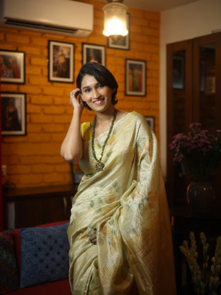 Yellow Hand-Painted Tussar Silk Saree - SRYHPTSS881