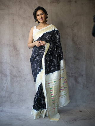 Black Silk Paithani Saree With Bandhani - SRBSPS517