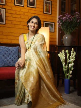 Yellow Hand-Painted Tussar Silk Saree - SRYHPTSS881