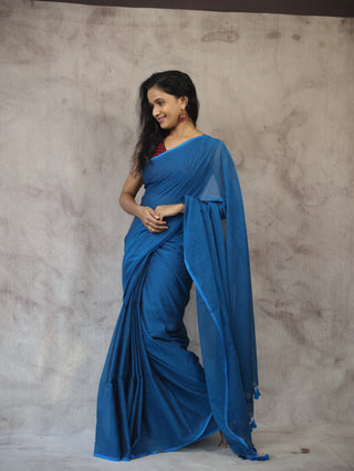 Peacock Blue Mulmul Cotton Saree-SRPBMCS126