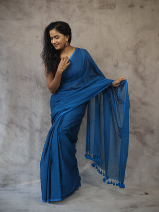 Peacock Blue Mulmul Cotton Saree-SRPBMCS126