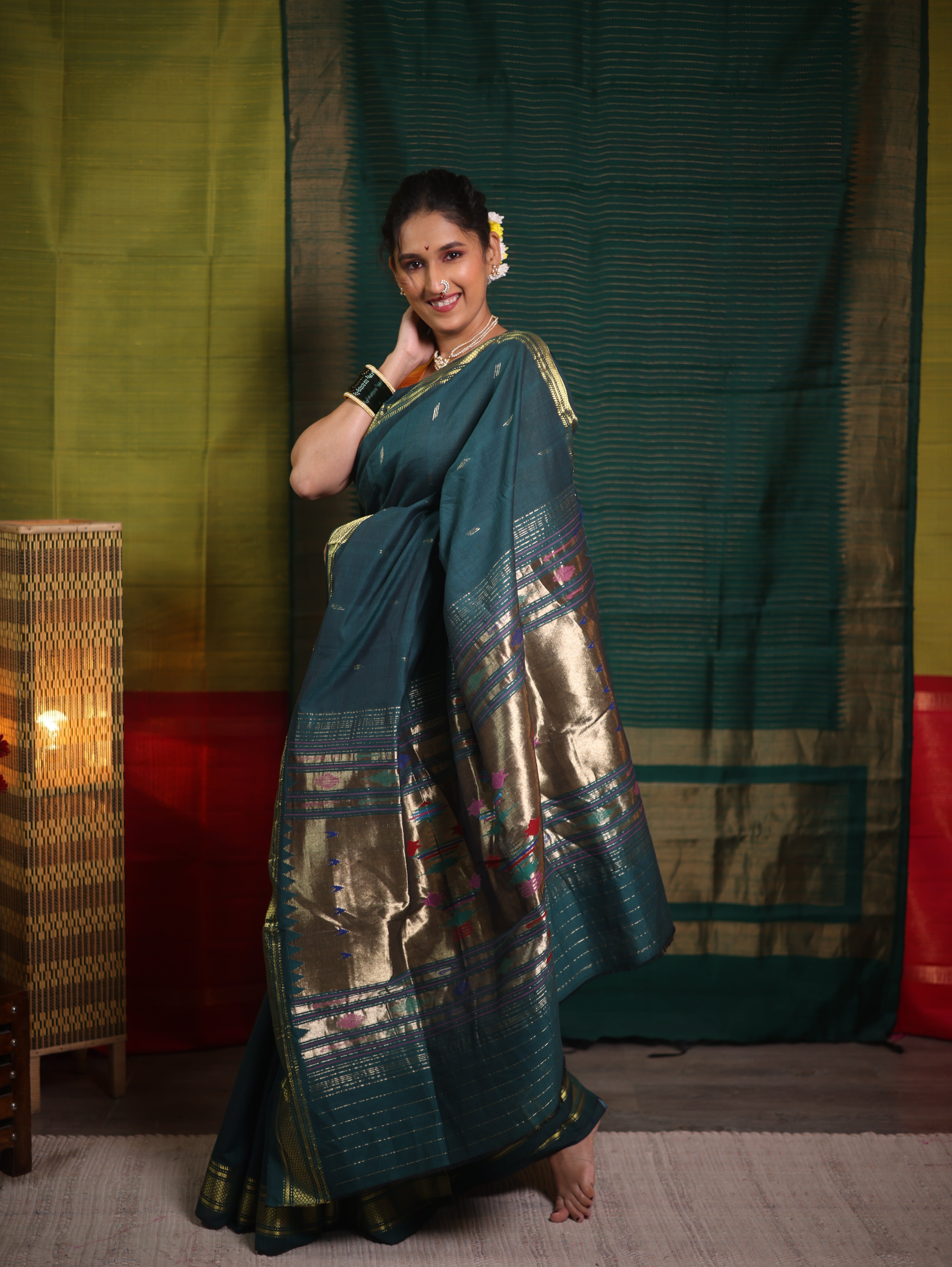Forest Green Cotton Paithani Saree - SRFGCPS579