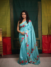 Aqua Blue Machine Embroidered Tussar Silk Saree - SRABMETSS1514