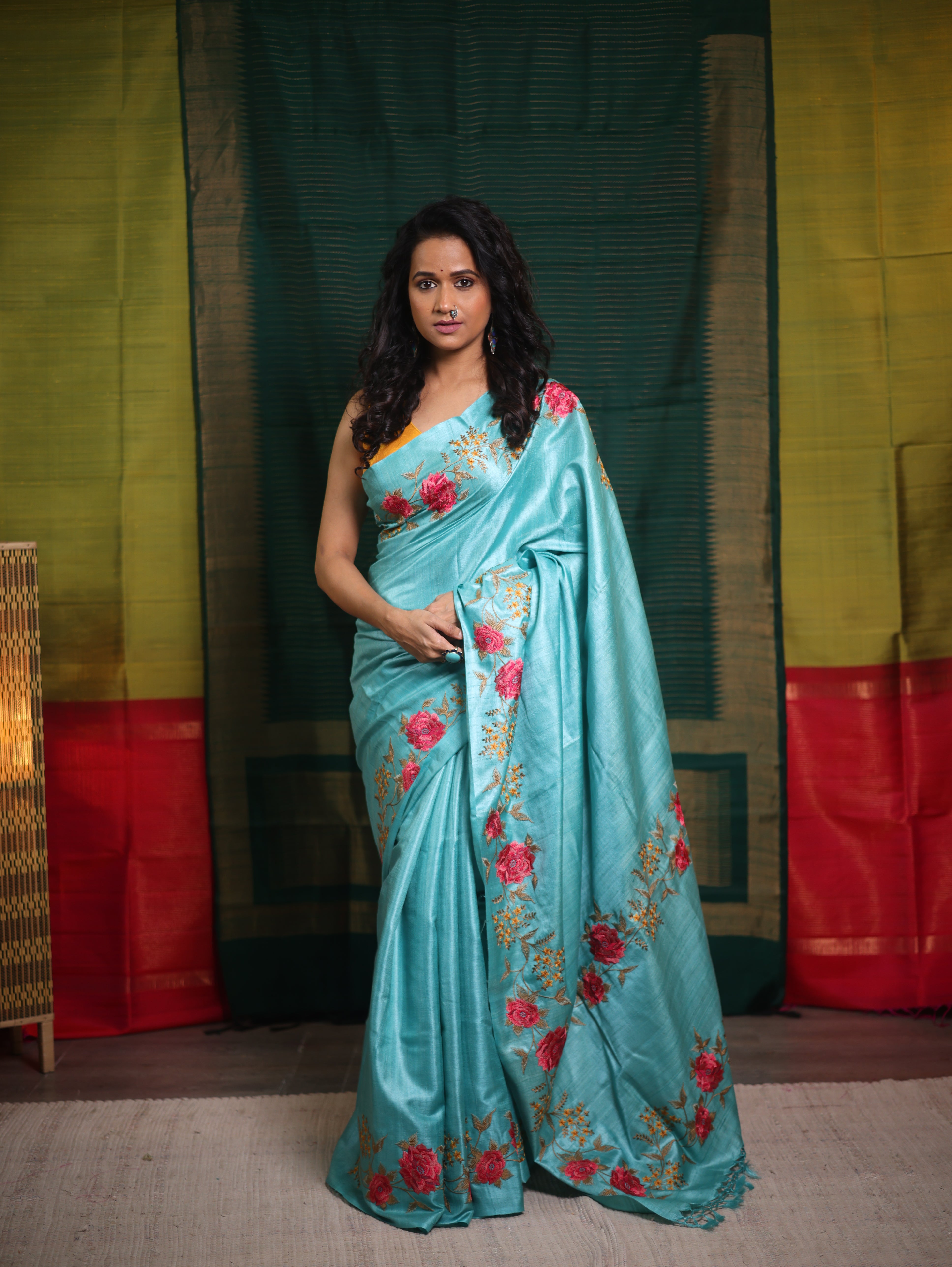 Aqua Blue Machine Embroidered Tussar Silk Saree - SRABMETSS1514