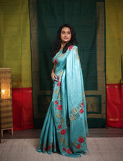 Aqua Blue Machine Embroidered Tussar Silk Saree - SRABMETSS1514