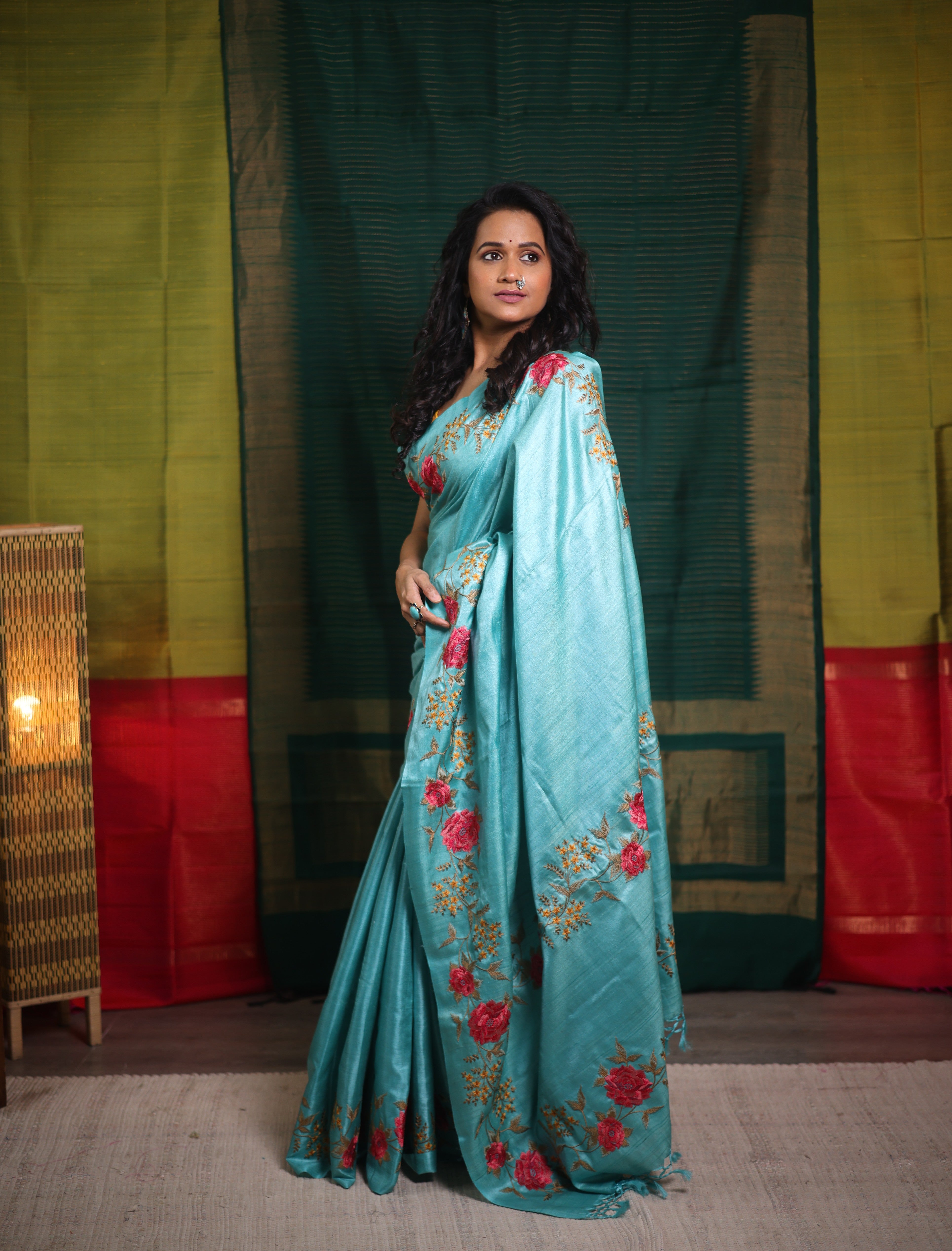 Aqua Blue Machine Embroidered Tussar Silk Saree - SRABMETSS1514