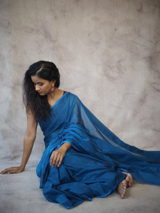 Peacock Blue Mulmul Cotton Saree-SRPBMCS126