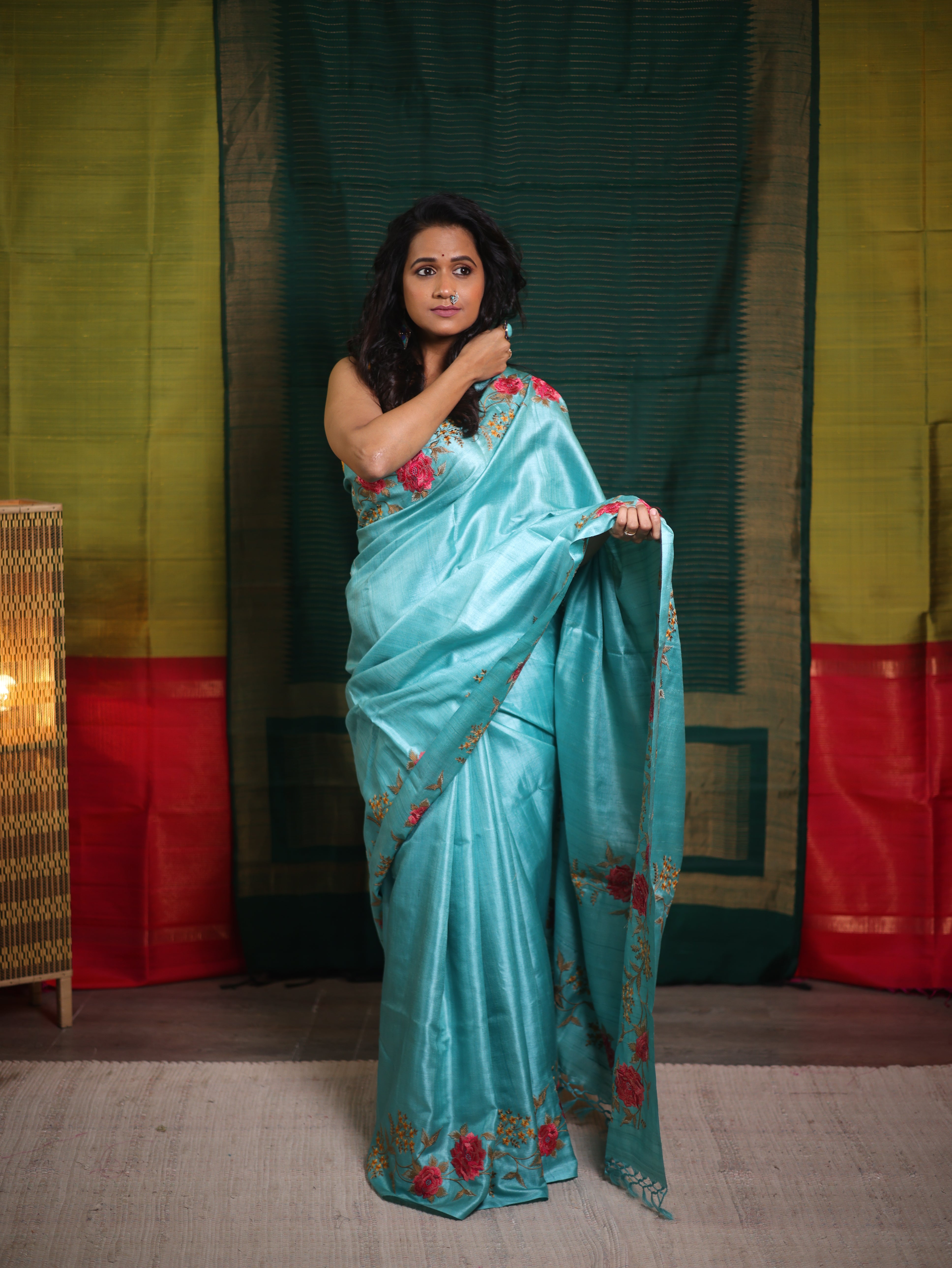 Aqua Blue Machine Embroidered Tussar Silk Saree - SRABMETSS1514