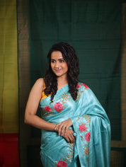 Aqua Blue Machine Embroidered Tussar Silk Saree - SRABMETSS1514