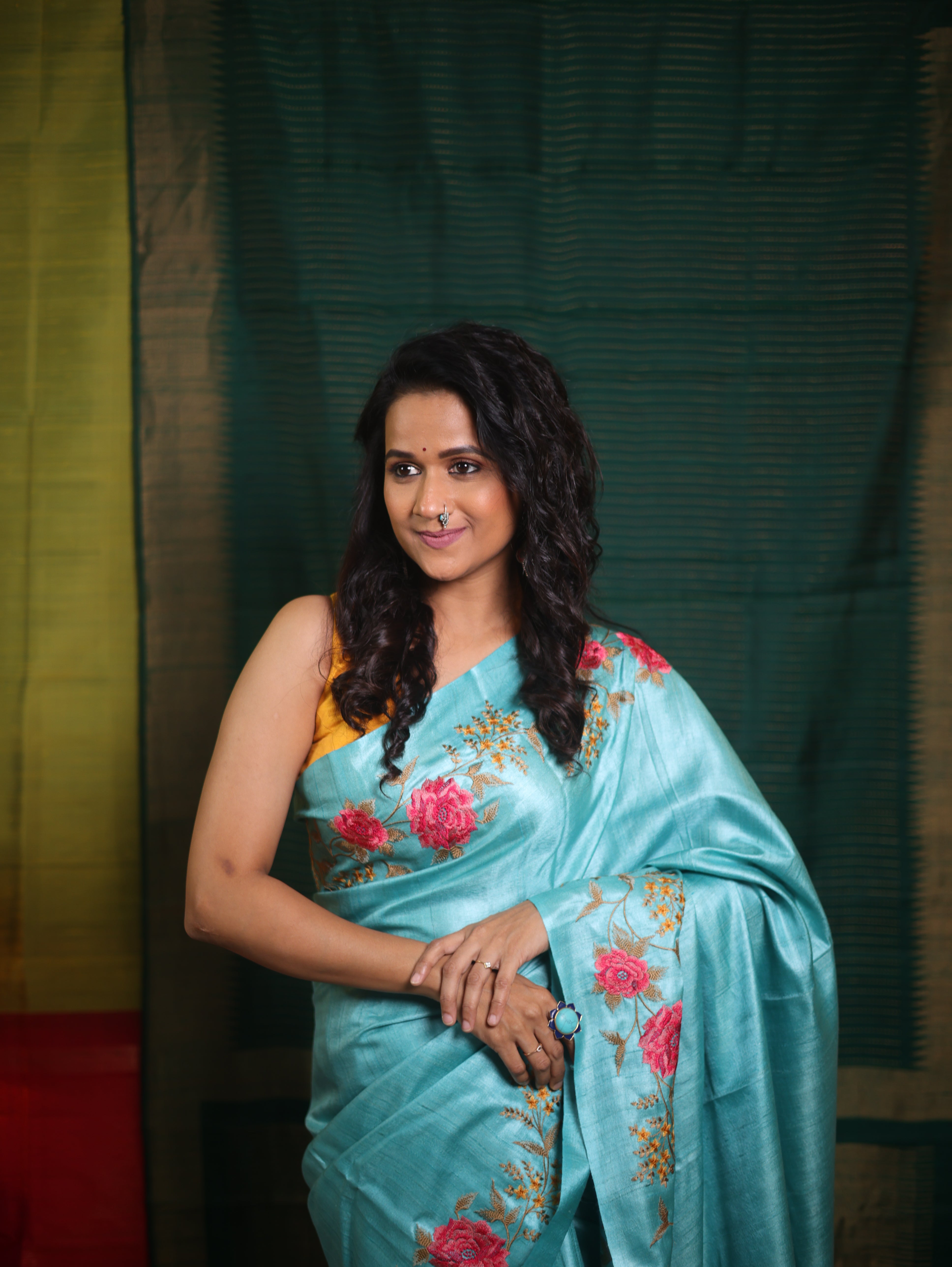Aqua Blue Machine Embroidered Tussar Silk Saree - SRABMETSS1514