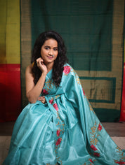 Aqua Blue Machine Embroidered Tussar Silk Saree - SRABMETSS1514