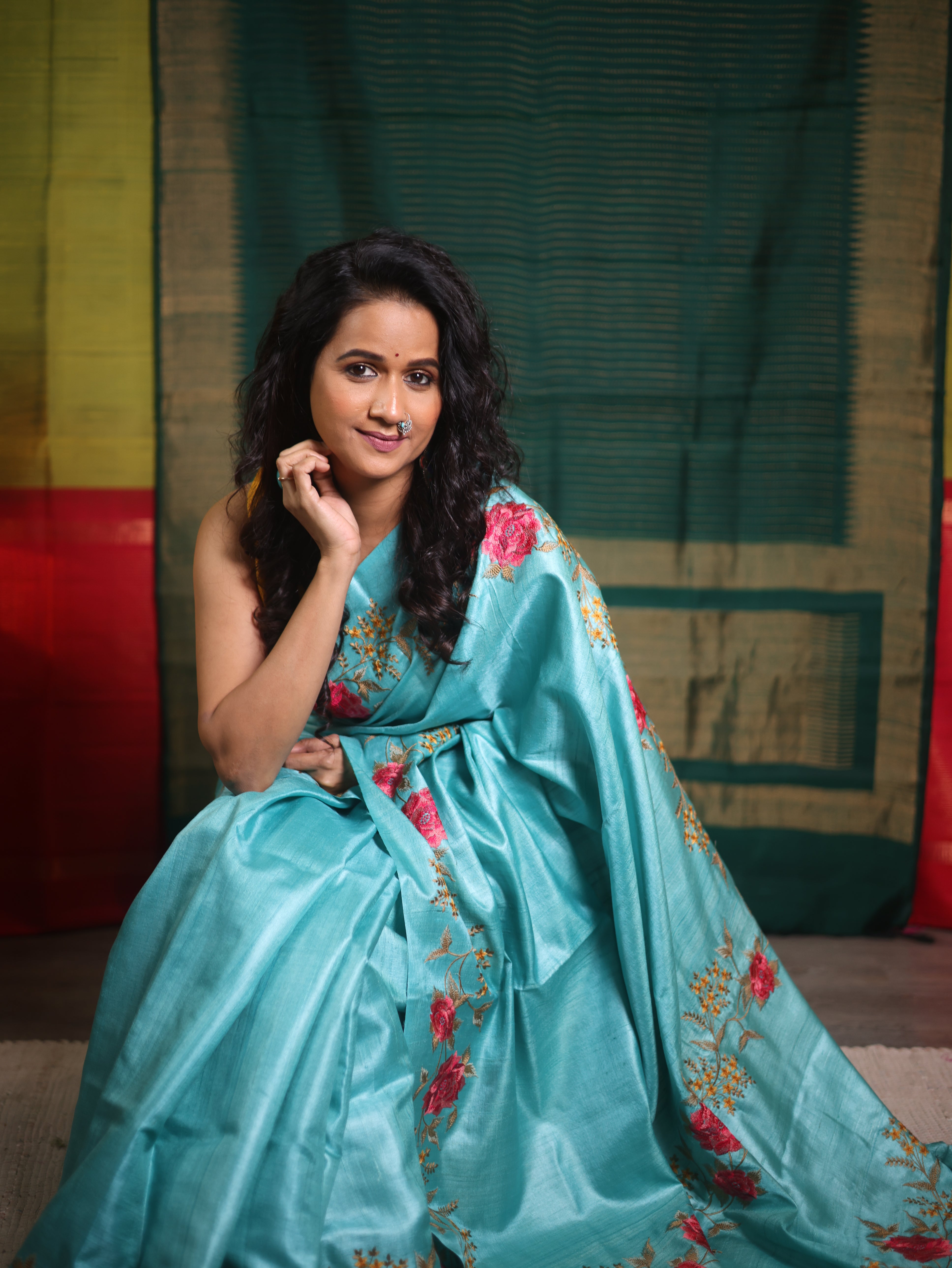 Aqua Blue Machine Embroidered Tussar Silk Saree - SRABMETSS1514