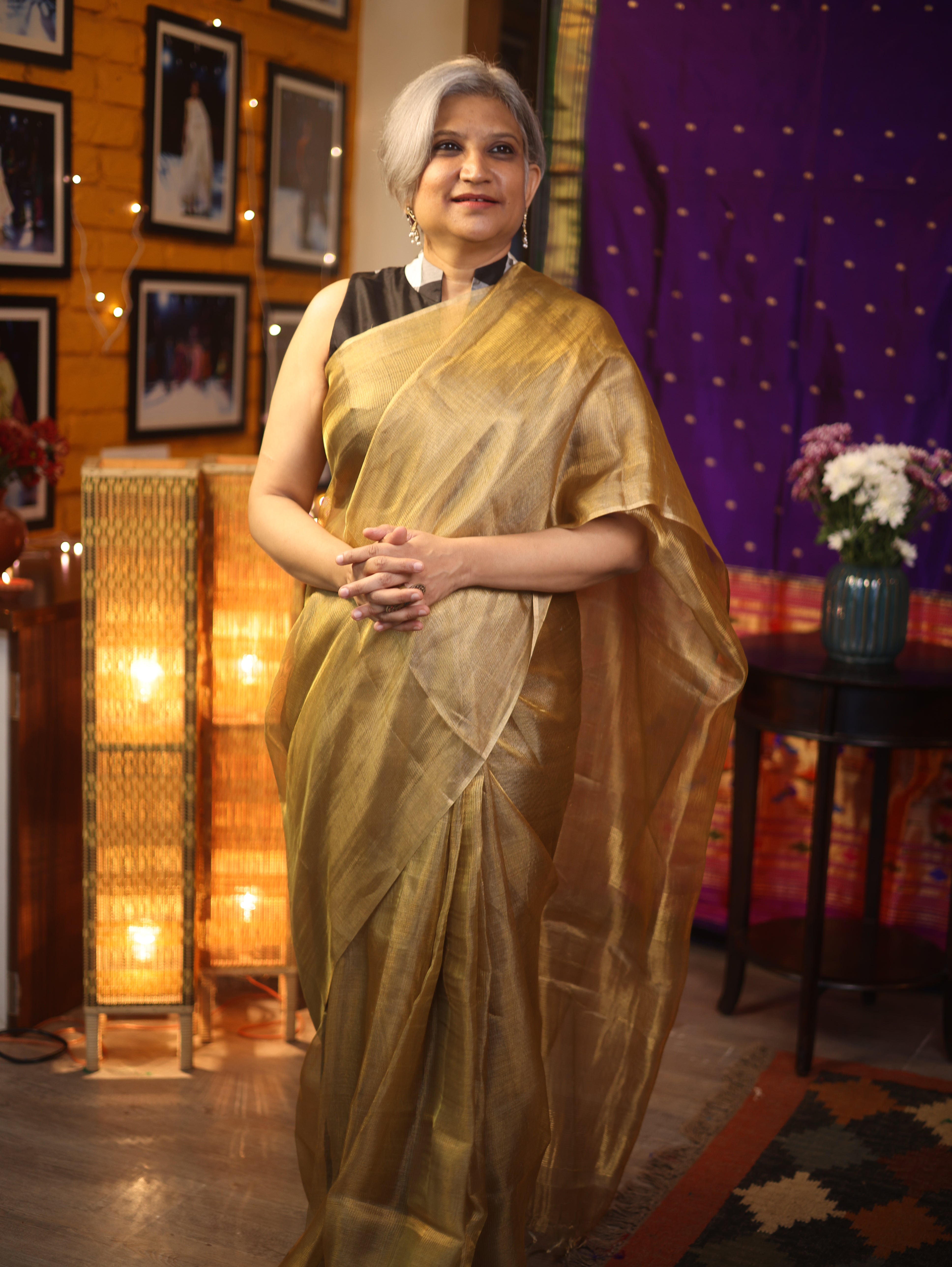 Golden Gray Tissue Tussar Silk Saree - SRGGTTSS380