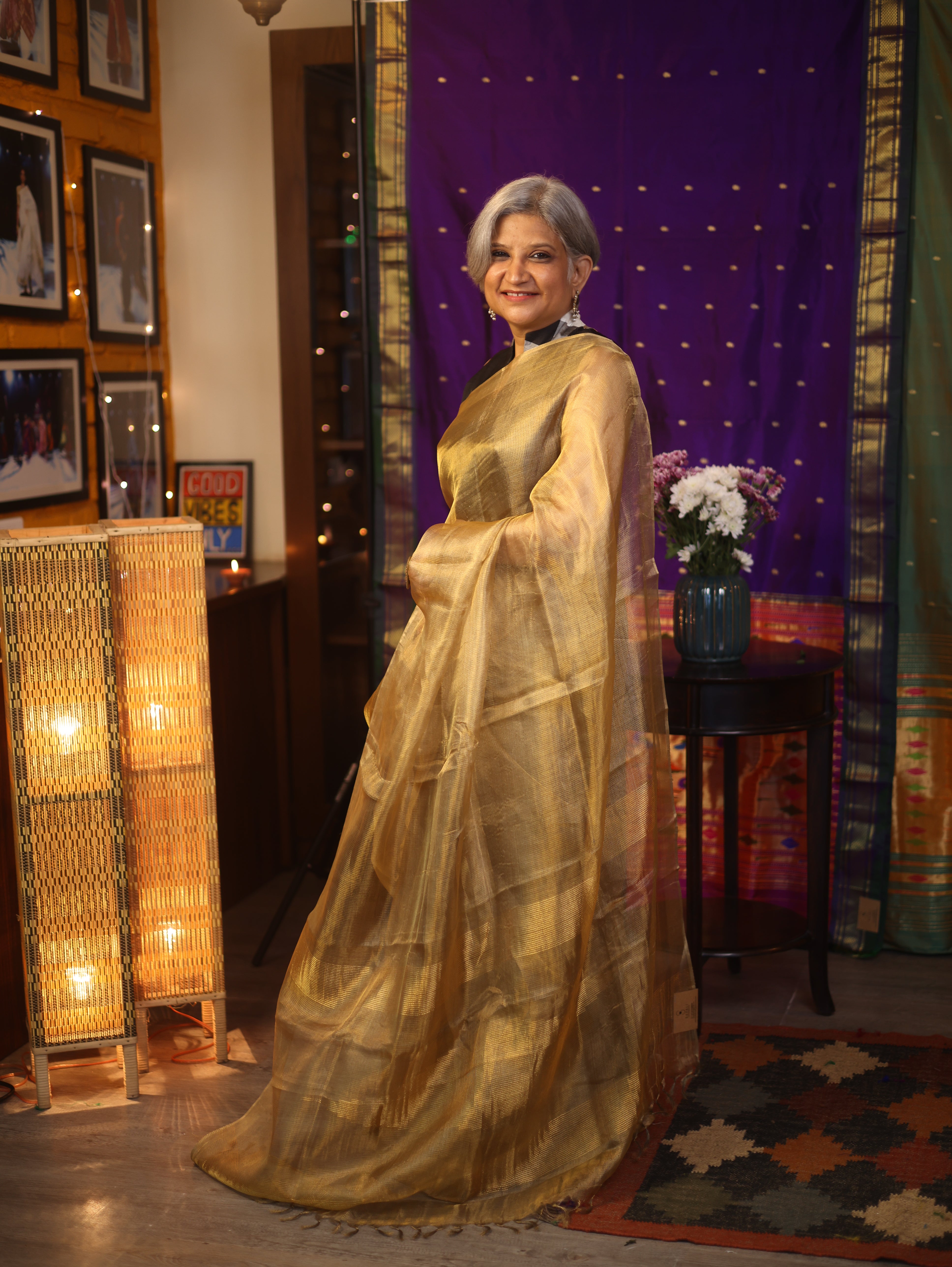 Golden Gray Tissue Tussar Silk Saree - SRGGTTSS380