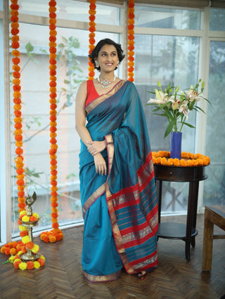 Peacock Blue Silk Maheshwari Saree -SRPBSMS147