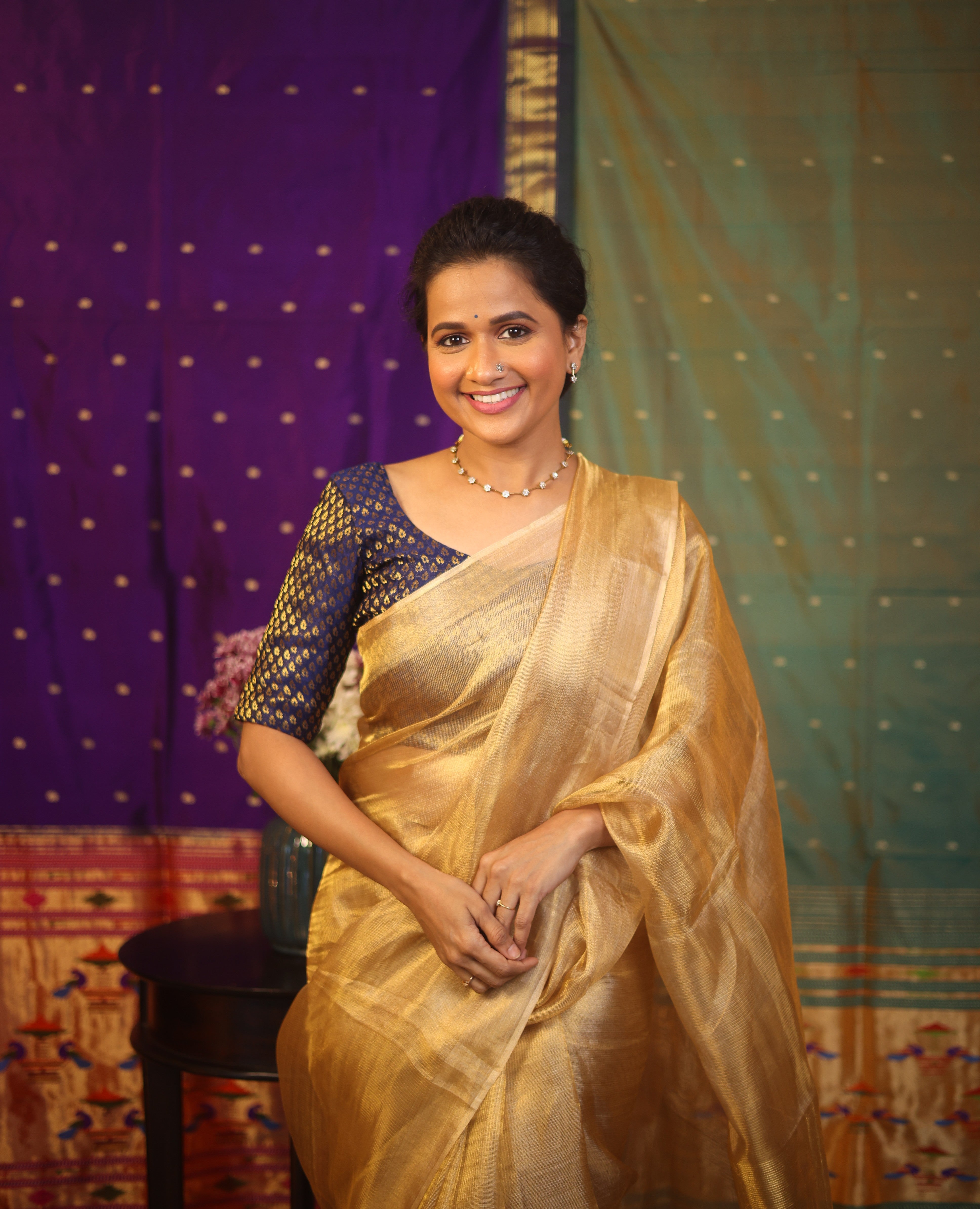 Golden Beige Tissue Tussar Silk Saree - SRGBTTSS384