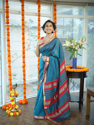 Peacock Blue Silk Maheshwari Saree -SRPBSMS147