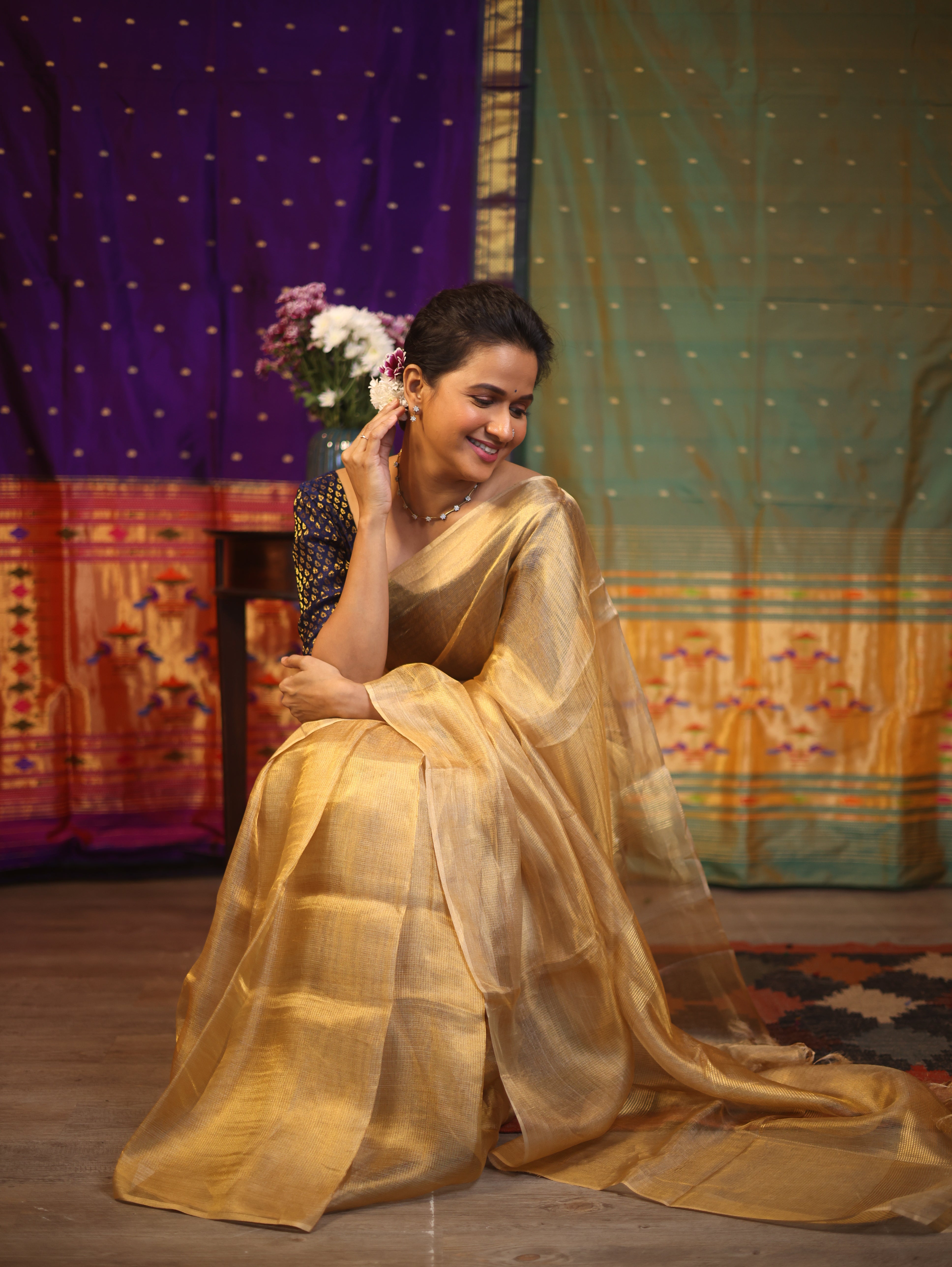 Golden Beige Tissue Tussar Silk Saree - SRGBTTSS384