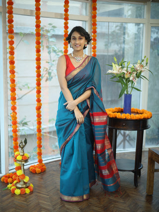 Peacock Blue Silk Maheshwari Saree -SRPBSMS147