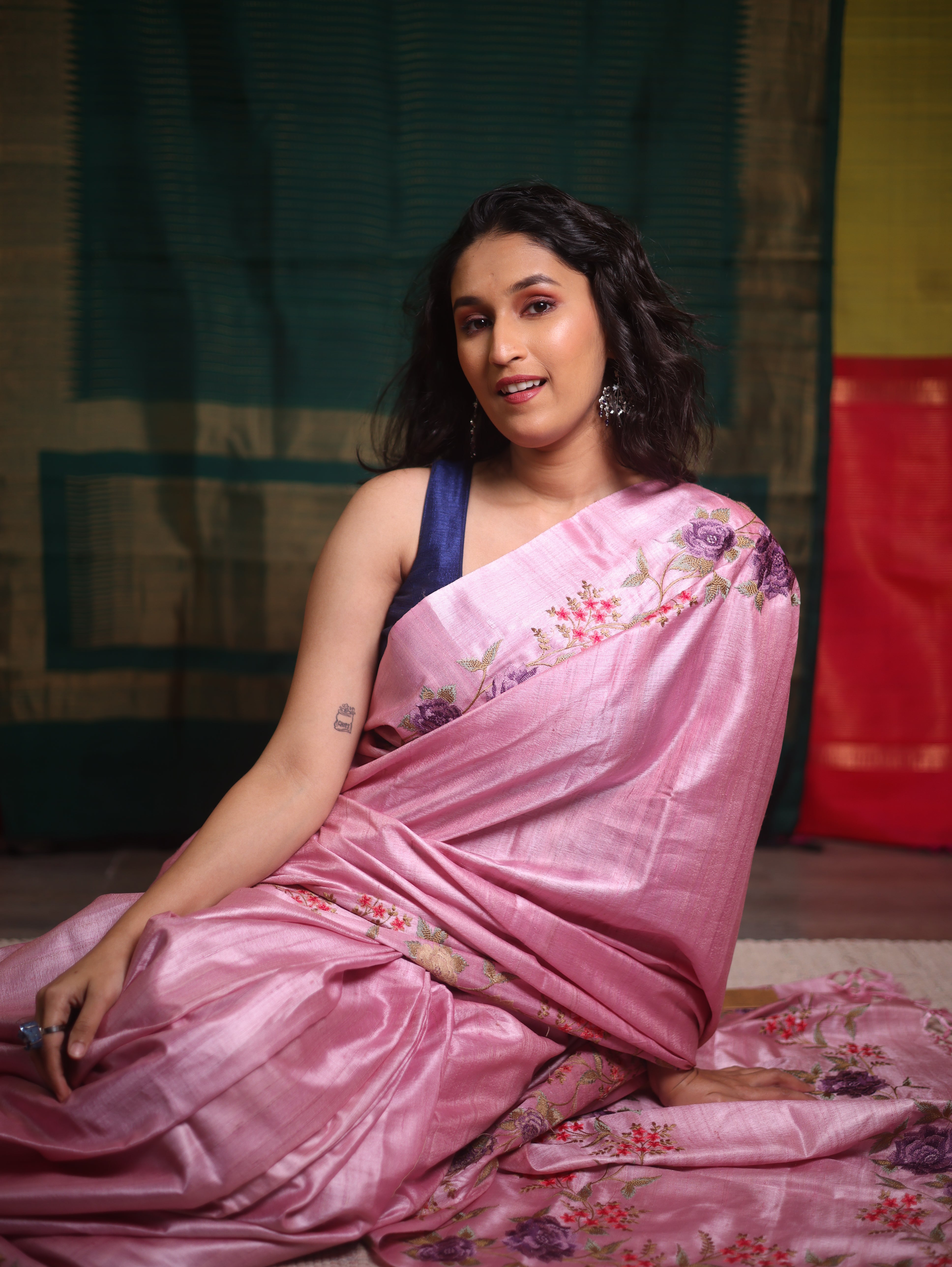 Pestel Pink Machine Embroidered Tussar Silk Saree - SRPPMETSS1513