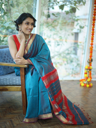 Peacock Blue Silk Maheshwari Saree -SRPBSMS147