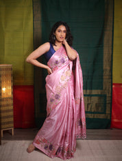 Pestel Pink Machine Embroidered Tussar Silk Saree - SRPPMETSS1513