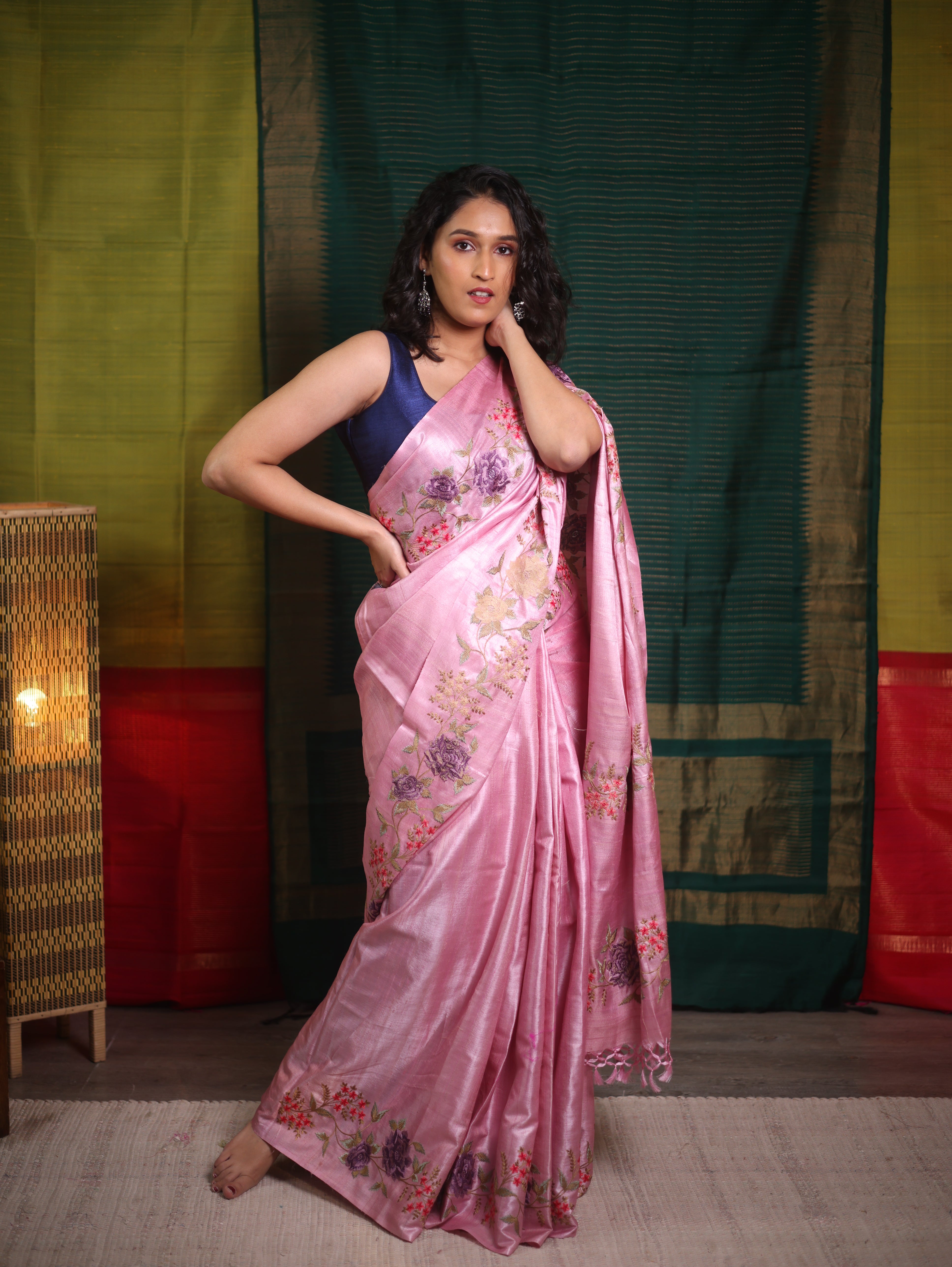 Pestel Pink Machine Embroidered Tussar Silk Saree - SRPPMETSS1513