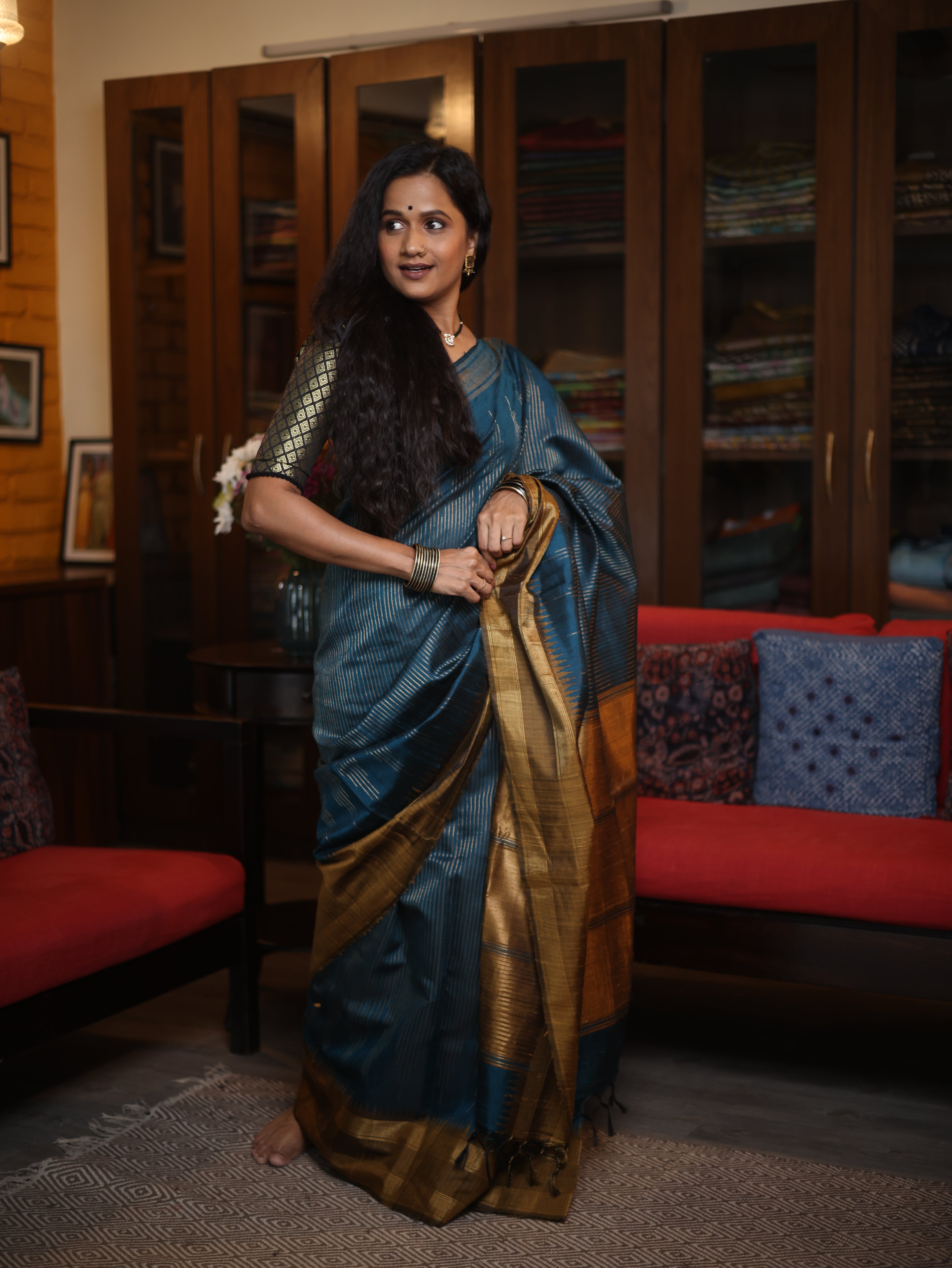 Teal Raw Silk Saree - SRTRSS615