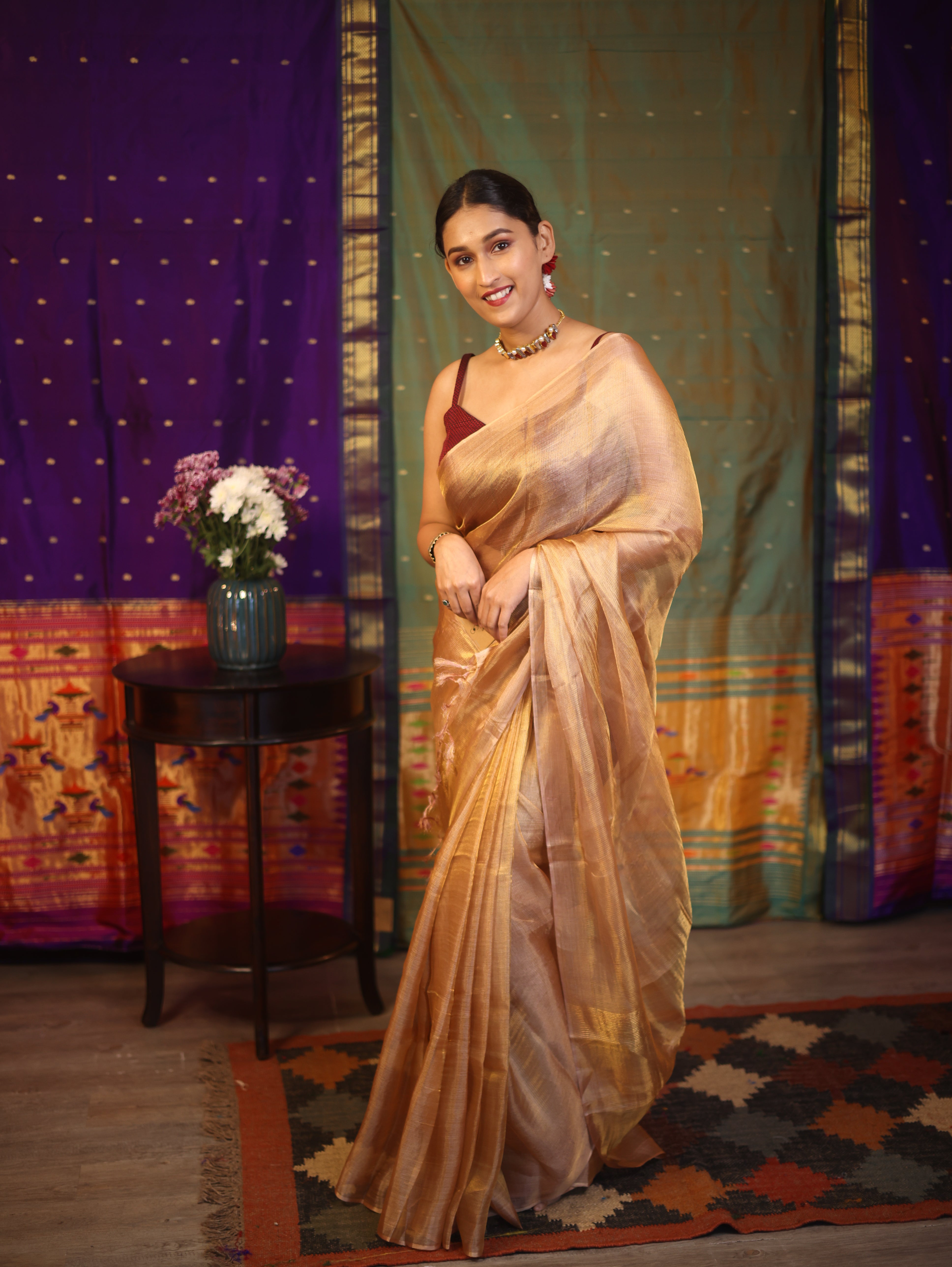 Golden Mauve  Tissue Tussar Silk Saree - SRGMTTSS386
