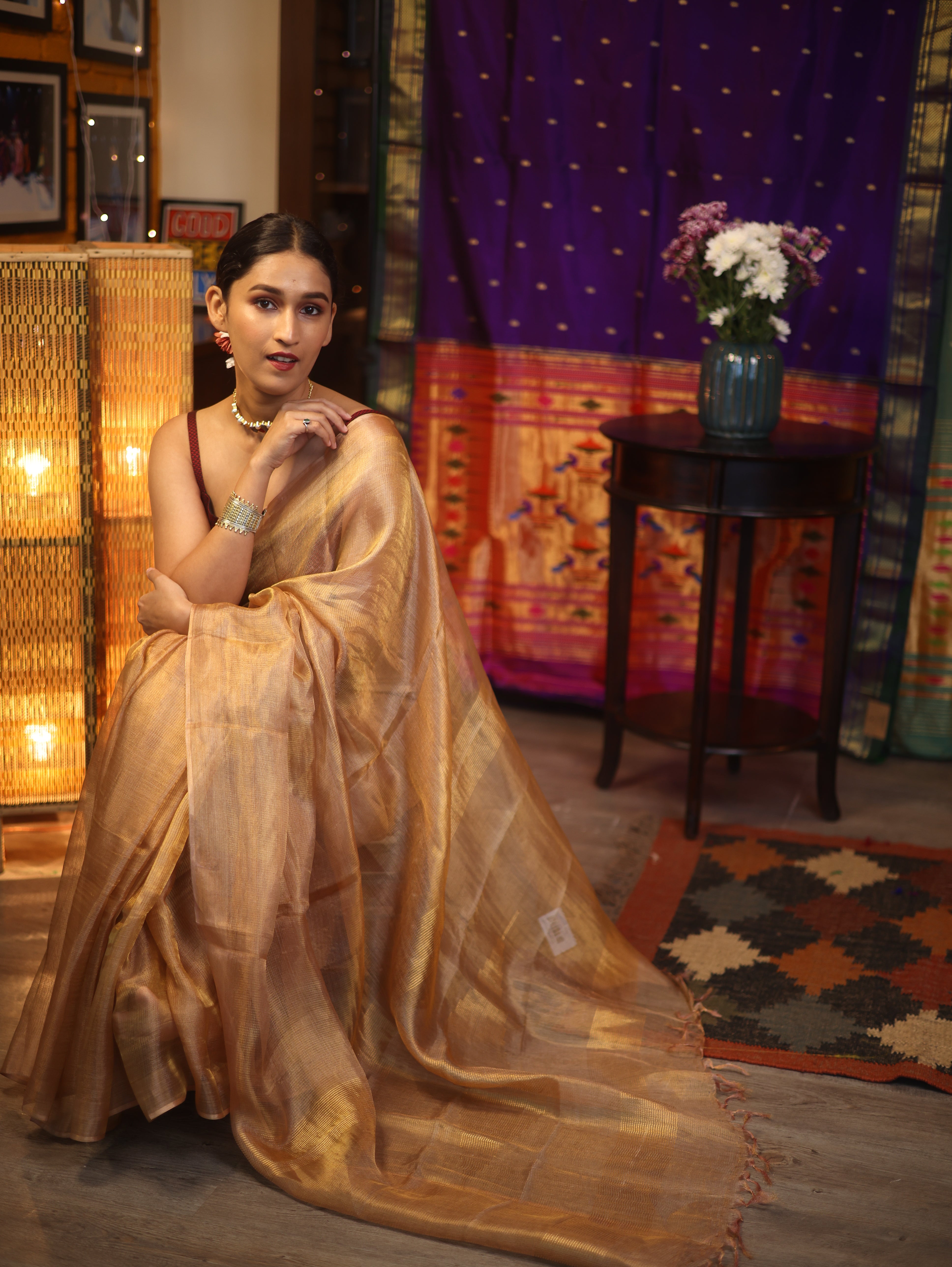 Golden Mauve  Tissue Tussar Silk Saree - SRGMTTSS386