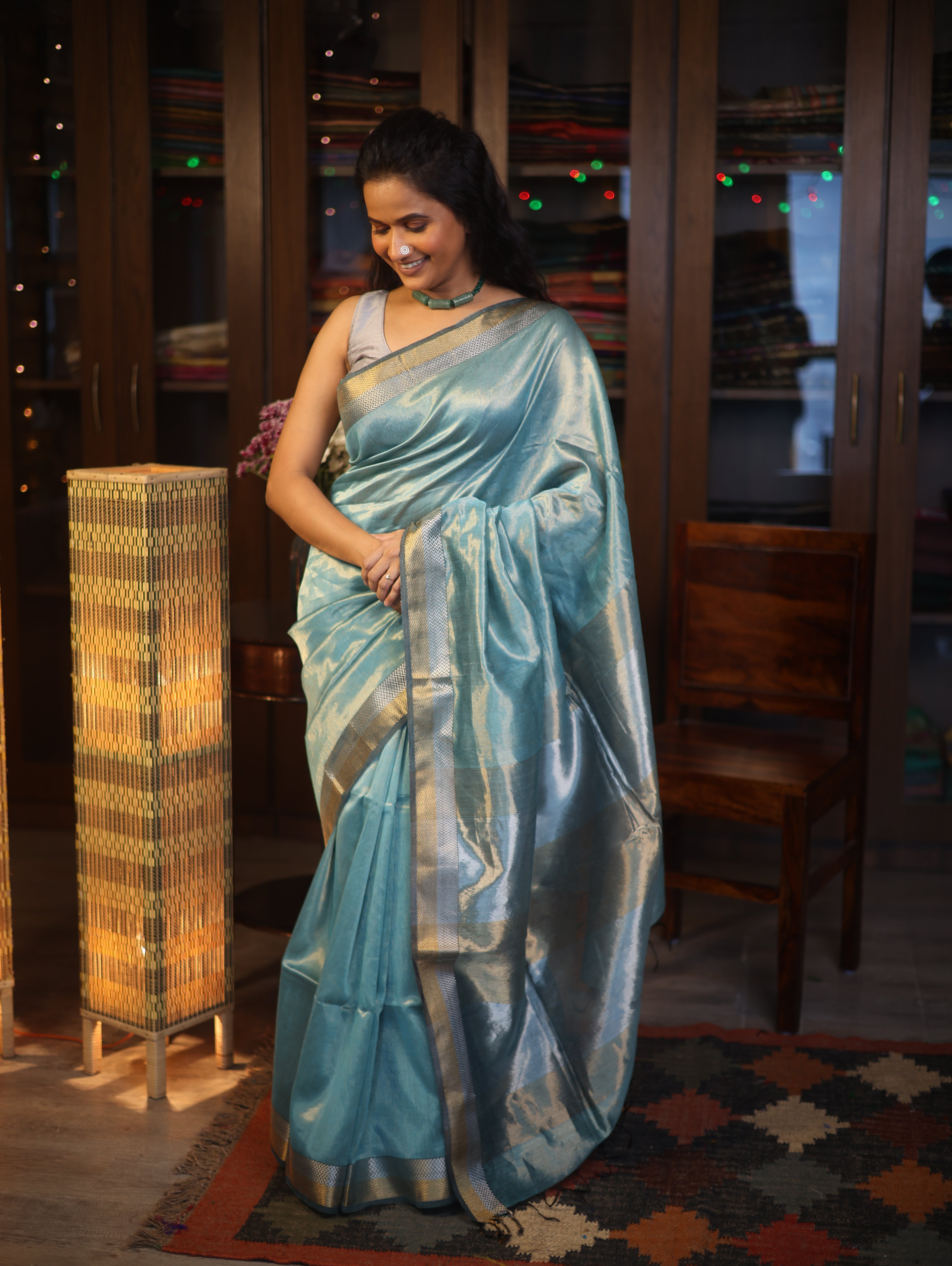 Blue Maheshwari Tissue Saree - SRBMTS448