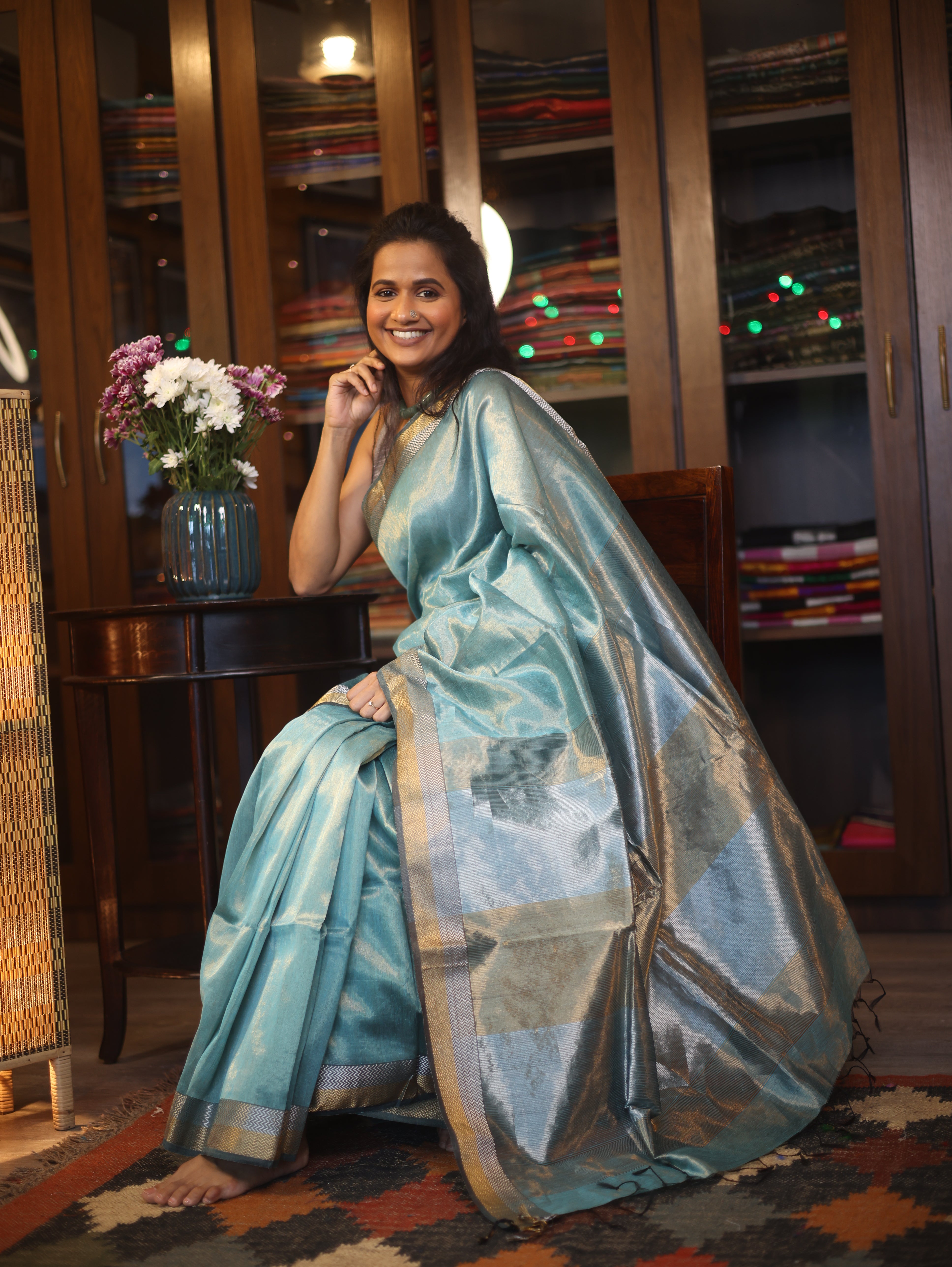 Blue Maheshwari Tissue Saree - SRBMTS448