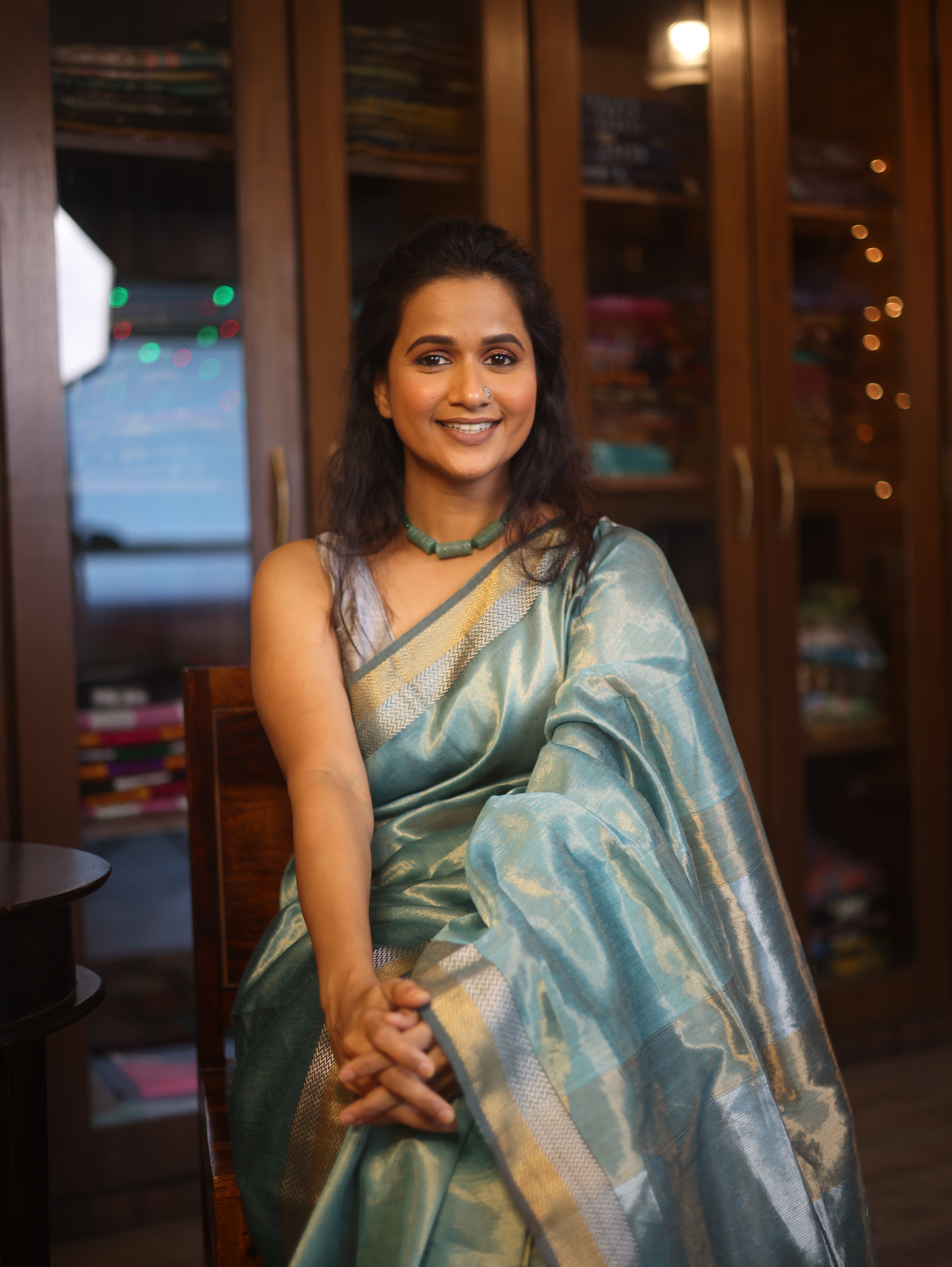 Blue Maheshwari Tissue Saree - SRBMTS448