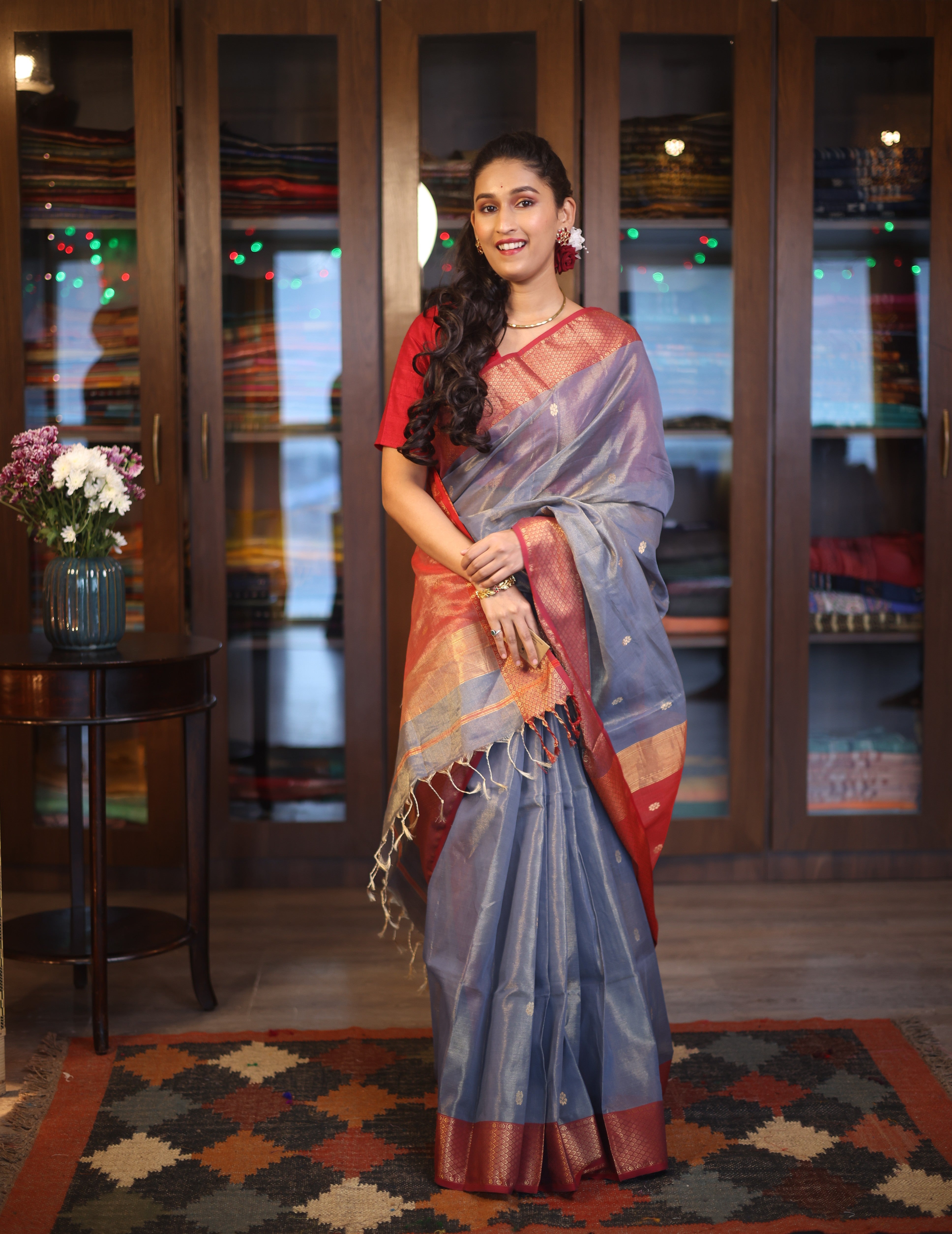 Grey Maheshwari Tissue Saree - SRGMTS466