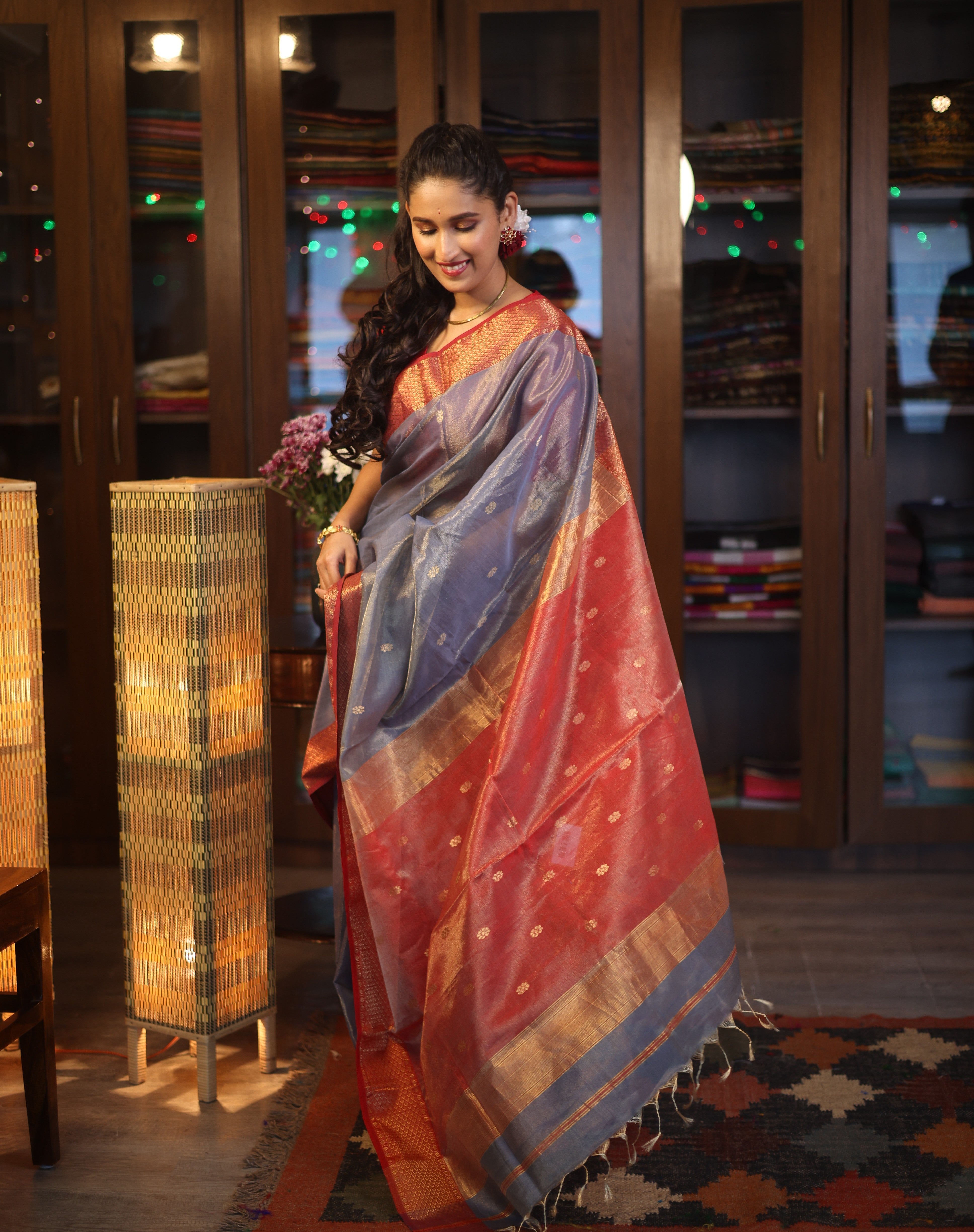 Grey Maheshwari Tissue Saree - SRGMTS466