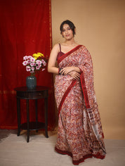 White-Peach HBP Cotton Silk Saree With Maheshwari Border - SRWPCSS1220