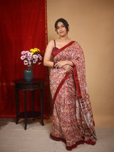 White-Peach HBP Cotton Silk Saree With Maheshwari Border - SRWPCSS1220