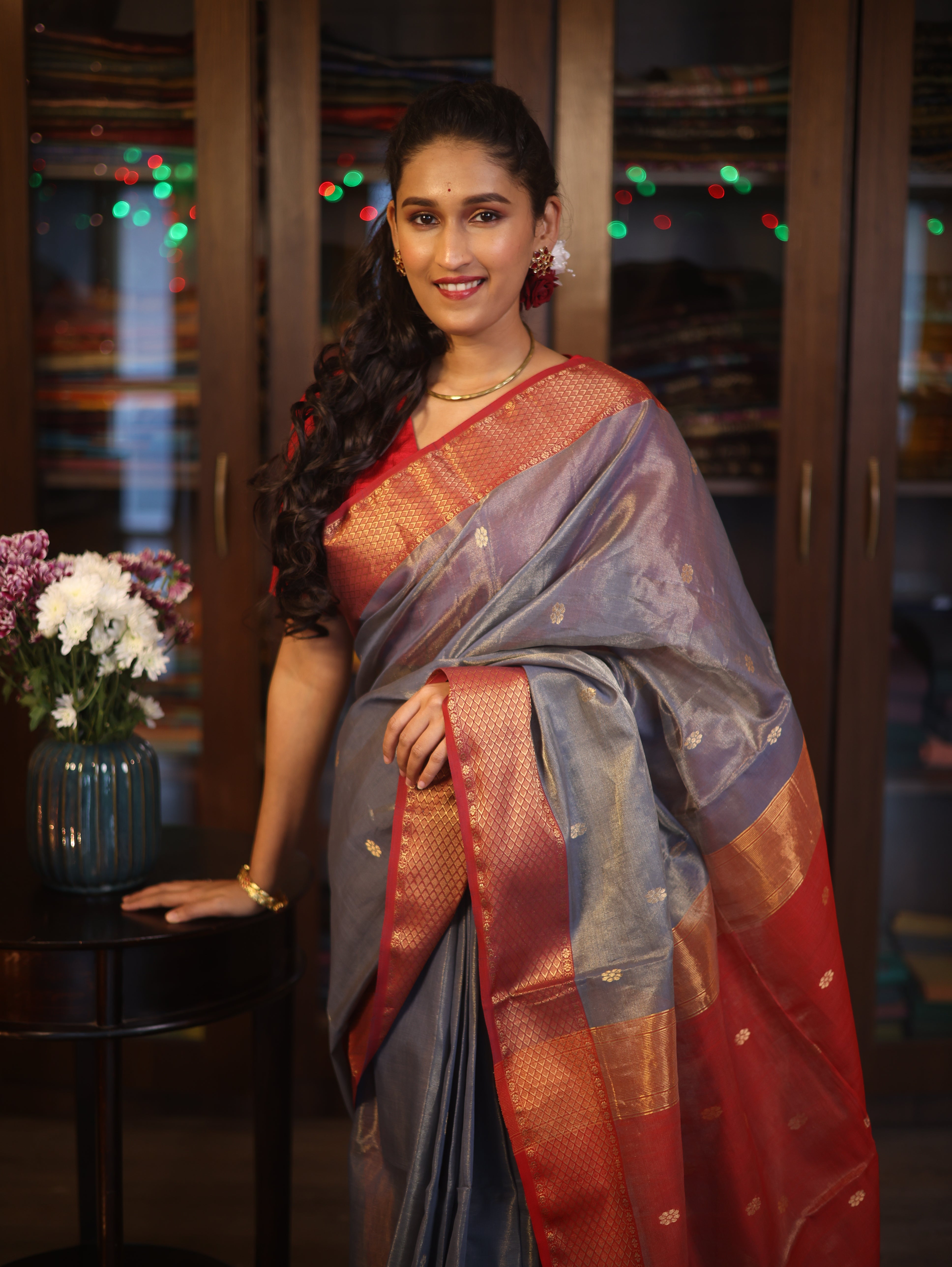 Grey Maheshwari Tissue Saree - SRGMTS466