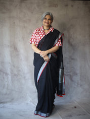 Black Plain Linen Saree-SRBPLS123