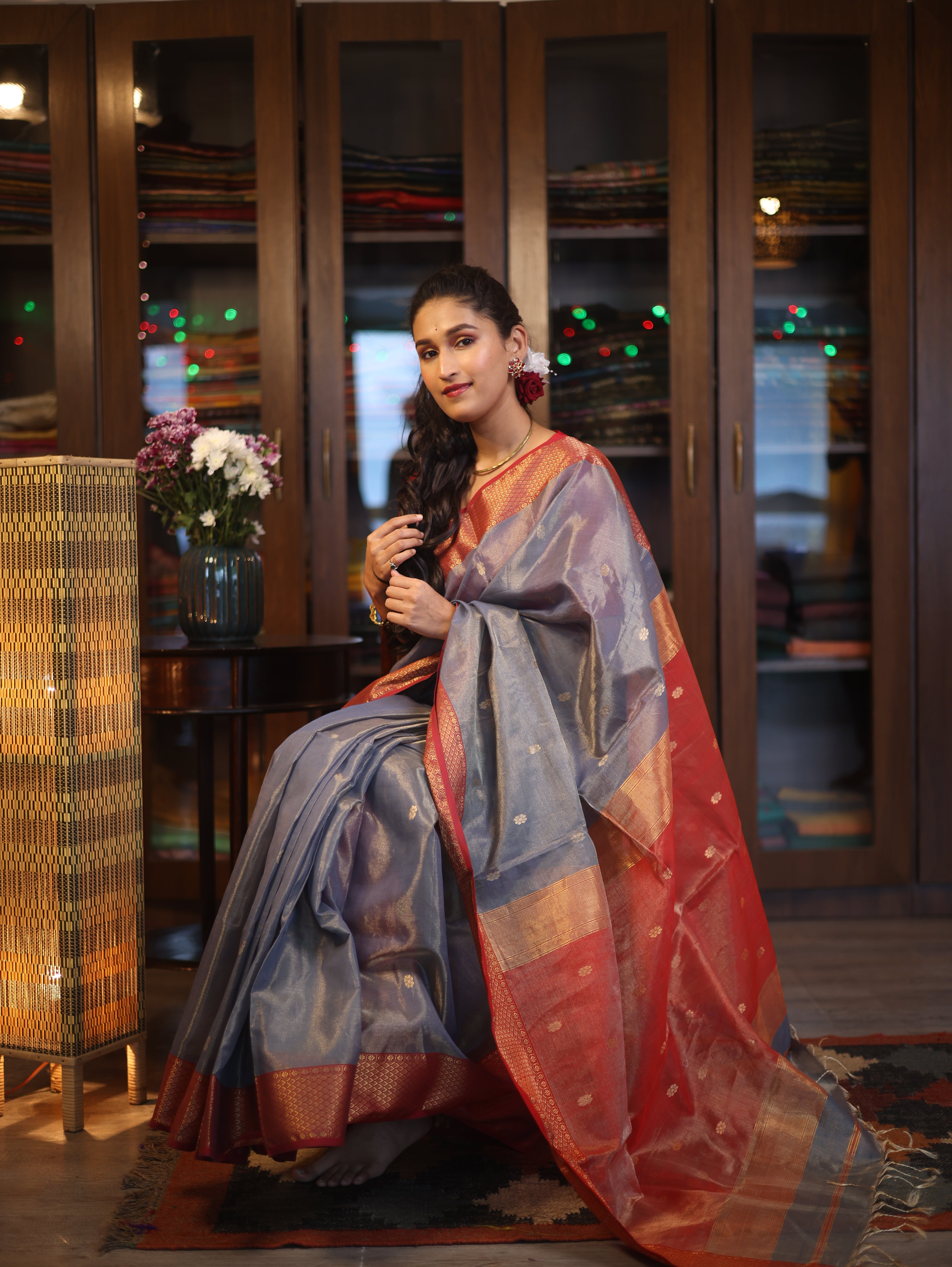 Grey Maheshwari Tissue Saree - SRGMTS466