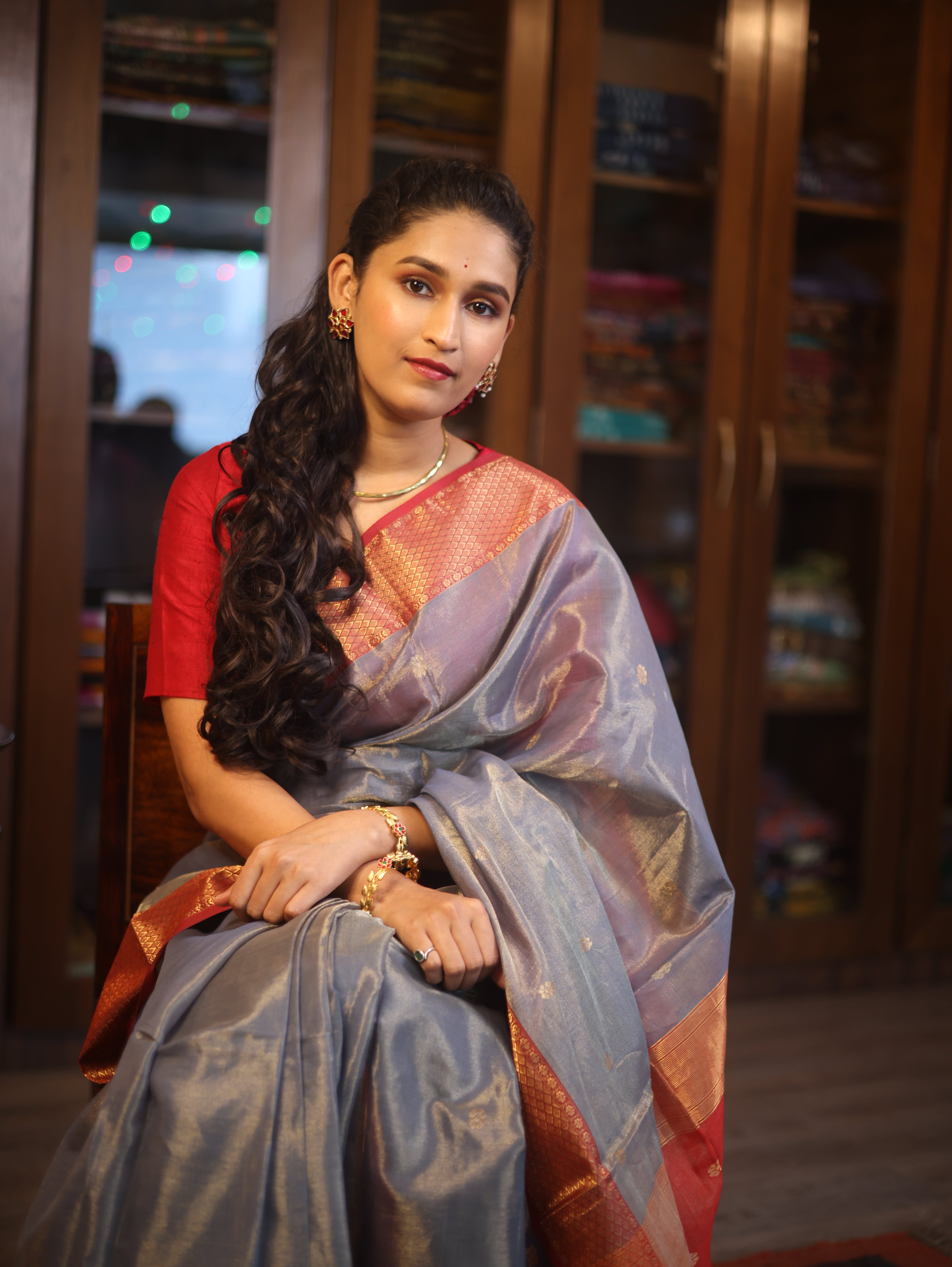 Grey Maheshwari Tissue Saree - SRGMTS466