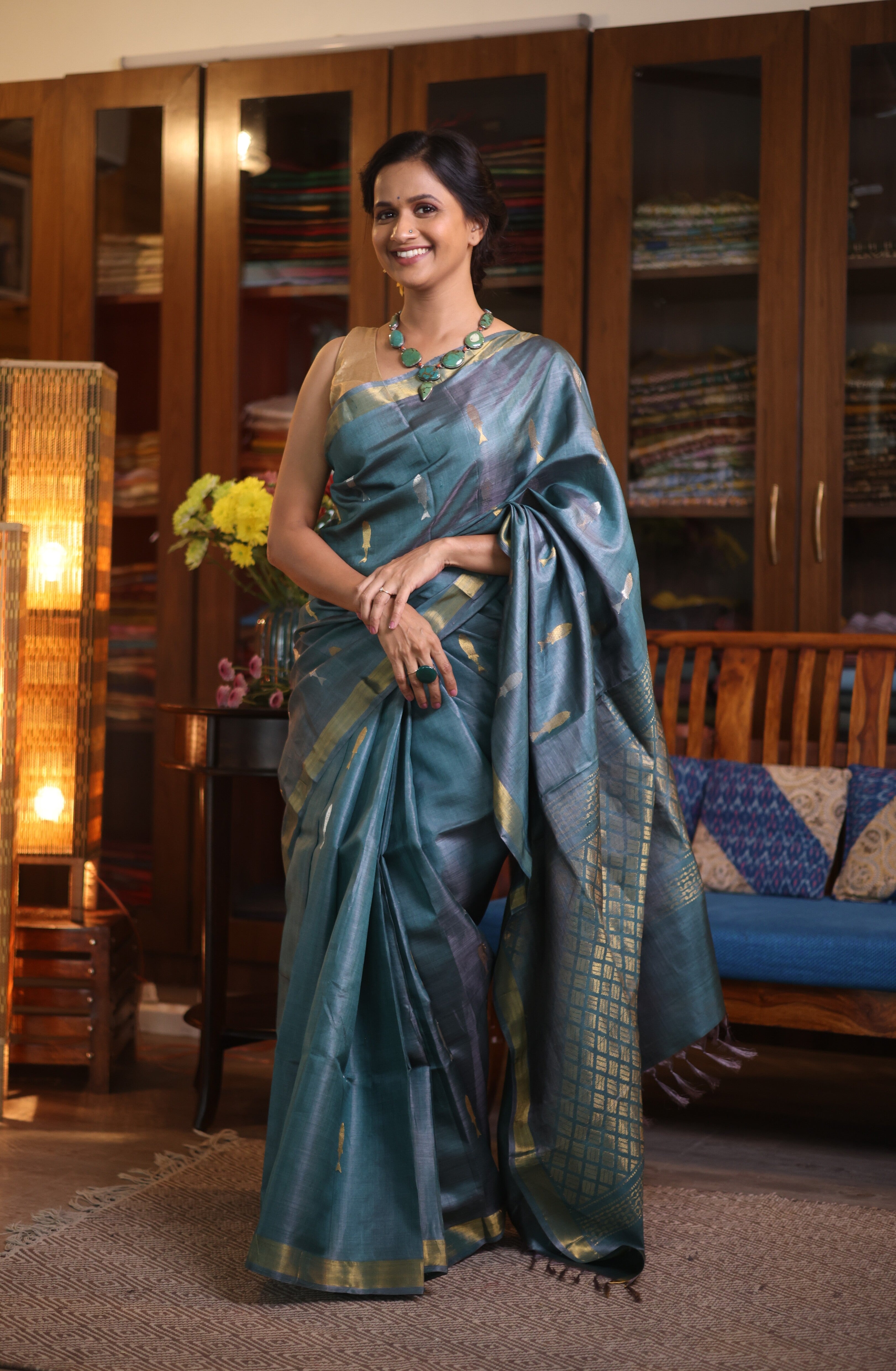 Teal Blue Kosa Tussar Silk Saree - SRTBKTSS853