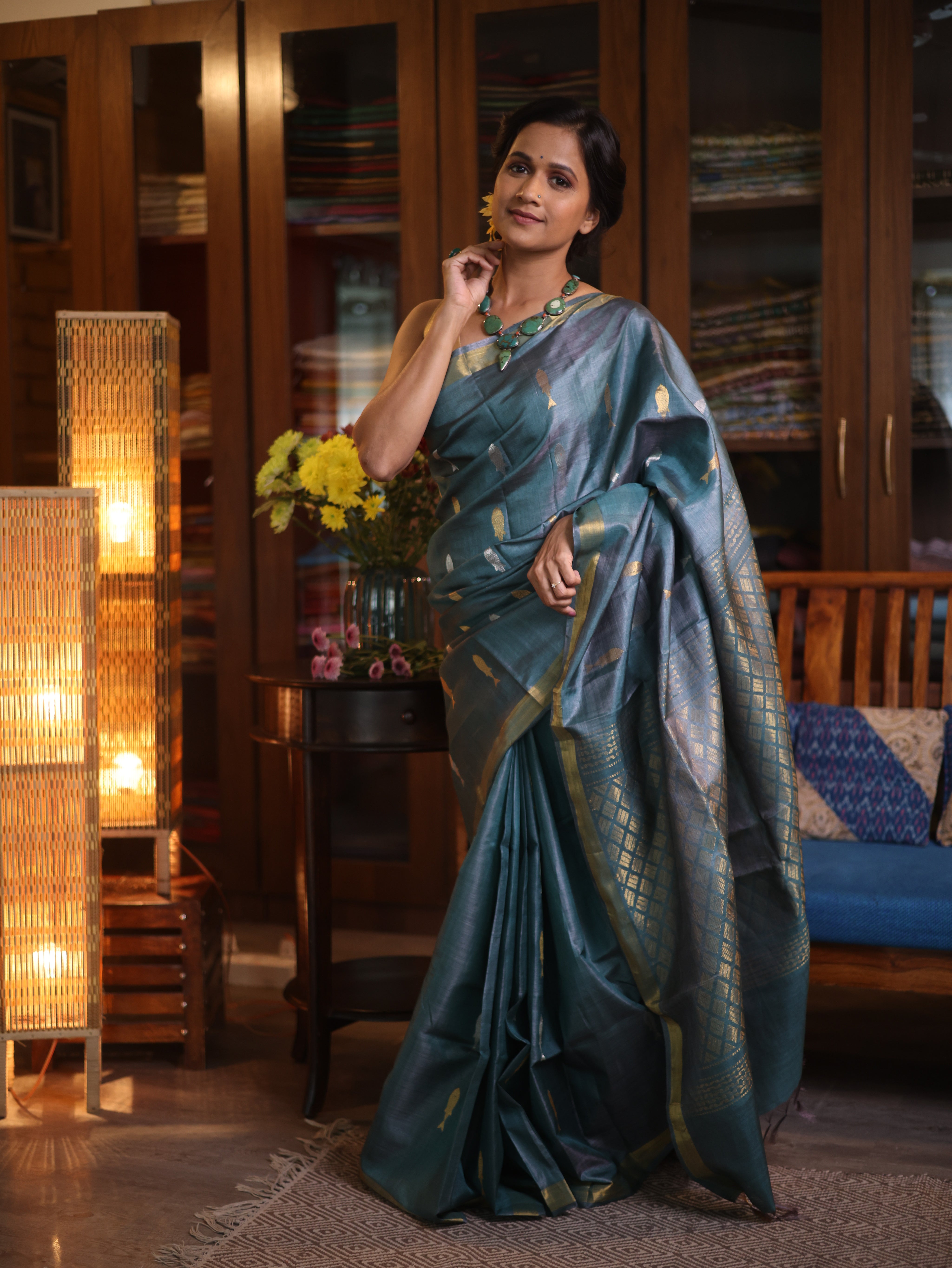Teal Blue Kosa Tussar Silk Saree - SRTBKTSS853
